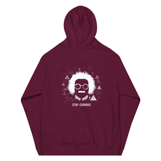 Back Maroon organic cotton hoodie featuring an abstract print of Albert Einstein and geometric shapes and text saying "stay curious"