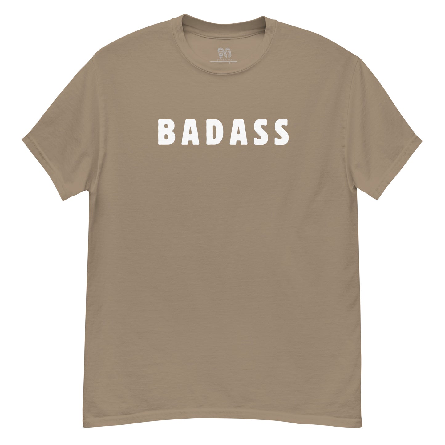 Brown cotton t shirt with crew neck and short sleeves with text print saying "badass"