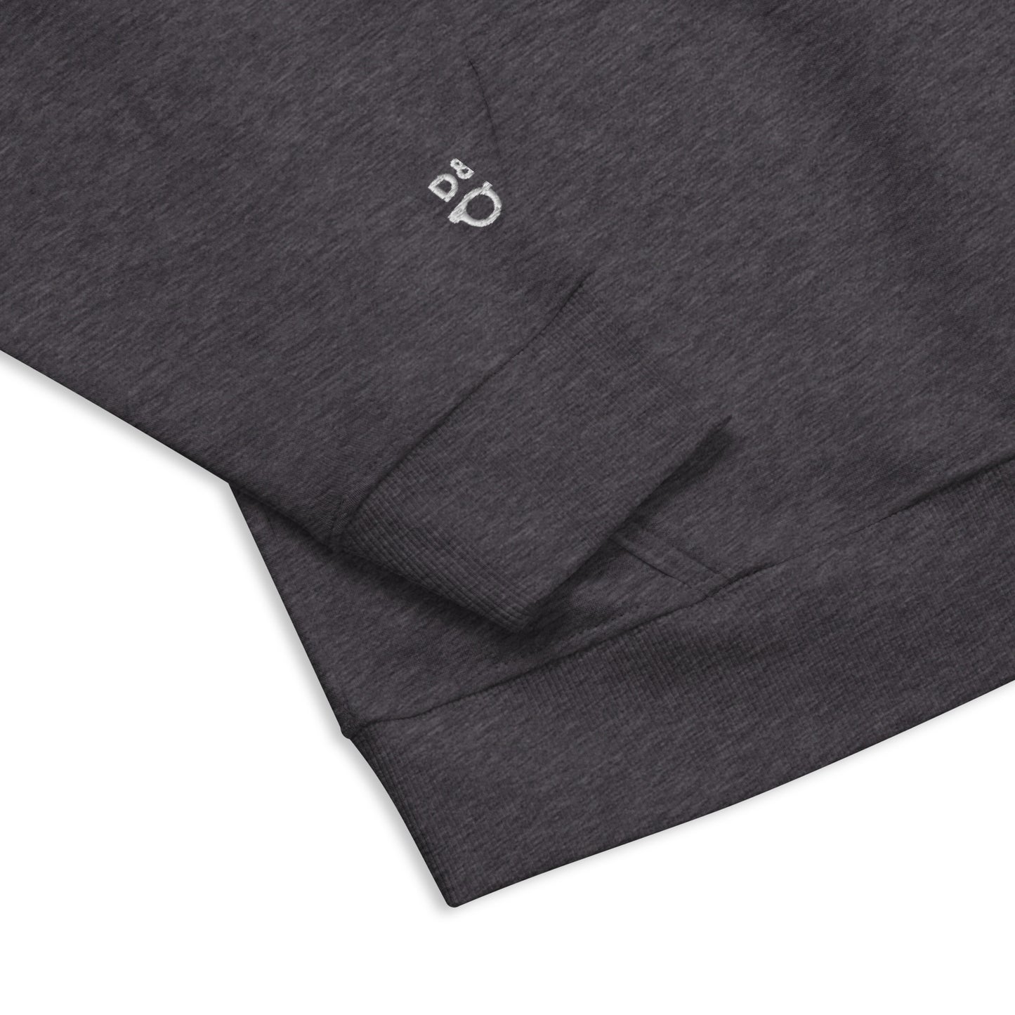 Close up of a grey long sleeve hoodie with embroidery of dude and madam logo and cuff details