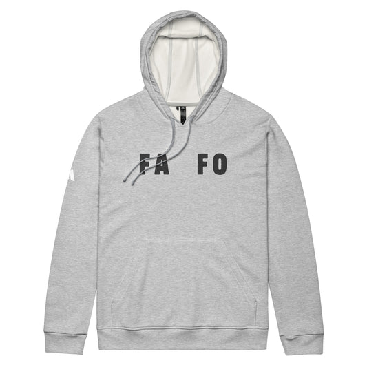 Grey heather fafo adidas hoodie featuring adidas logo on one sleeve and dude and madam logo on the other