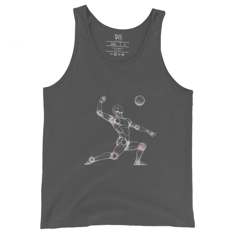 Gray Dark cotton tank top with an artistic Wood Mannequin-style drawing of a volleyball player in action, highlighting dynamic and creative design ideal for volleyball enthusiasts.