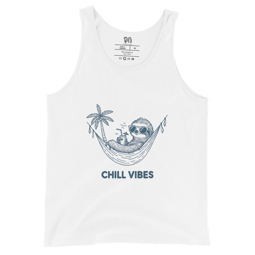 cool shirt white Cotton tank top featuring a sloth lounging in a hammock with sunglasses and a drink, captioned 'Chill Vibes', perfect for a fun and relaxed look