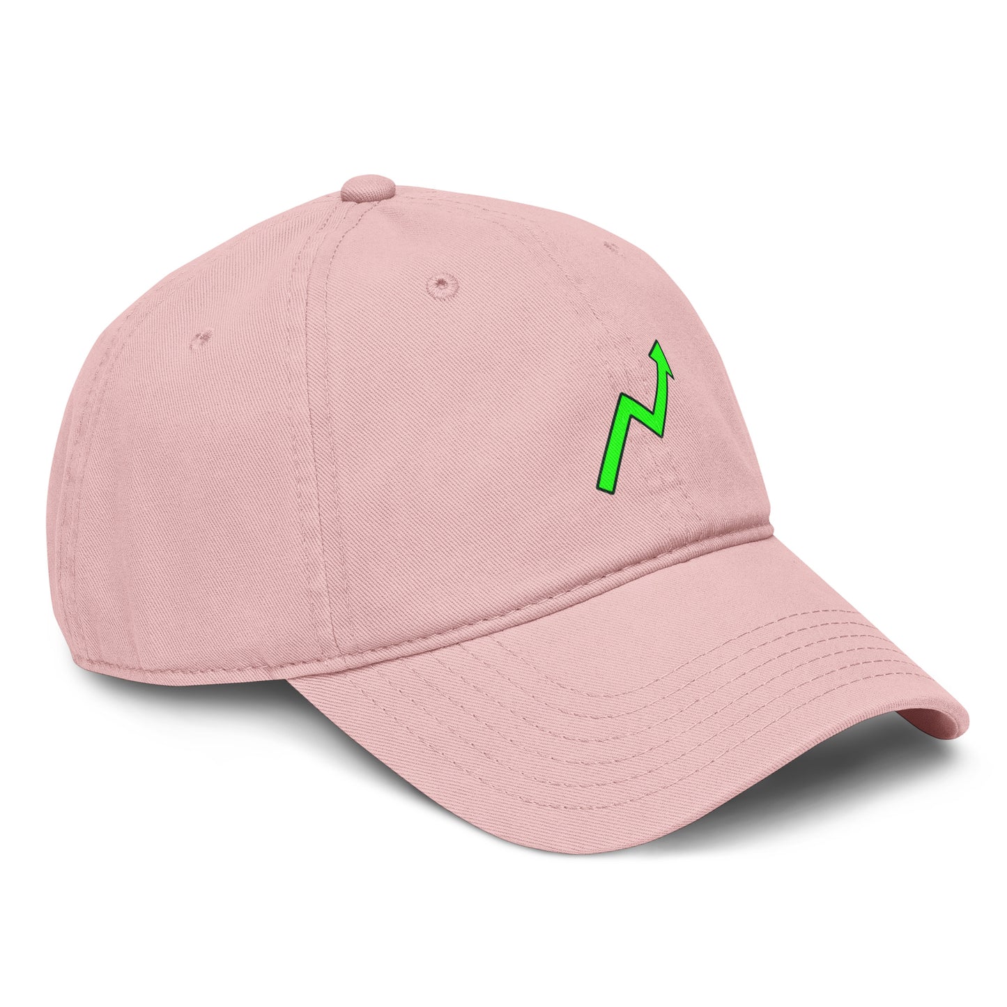 Pink baseball cap featuring a bright neon-green zigzag uptrend arrow printed on the front.