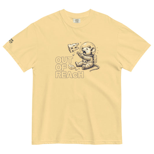 Close‑up of space mouse and cheese graphic on yellow T‑shirt