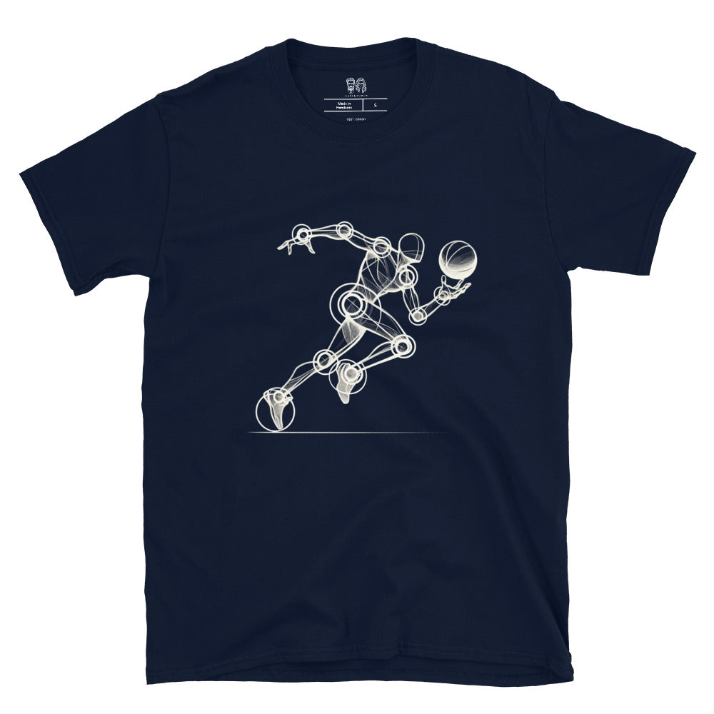 Navy Blue dunk cool Dark cotton t-shirt with an artistic Wood Mannequin-style drawing of a basketball player in action, highlighting dynamic and creative design ideal for basketball enthusiasts