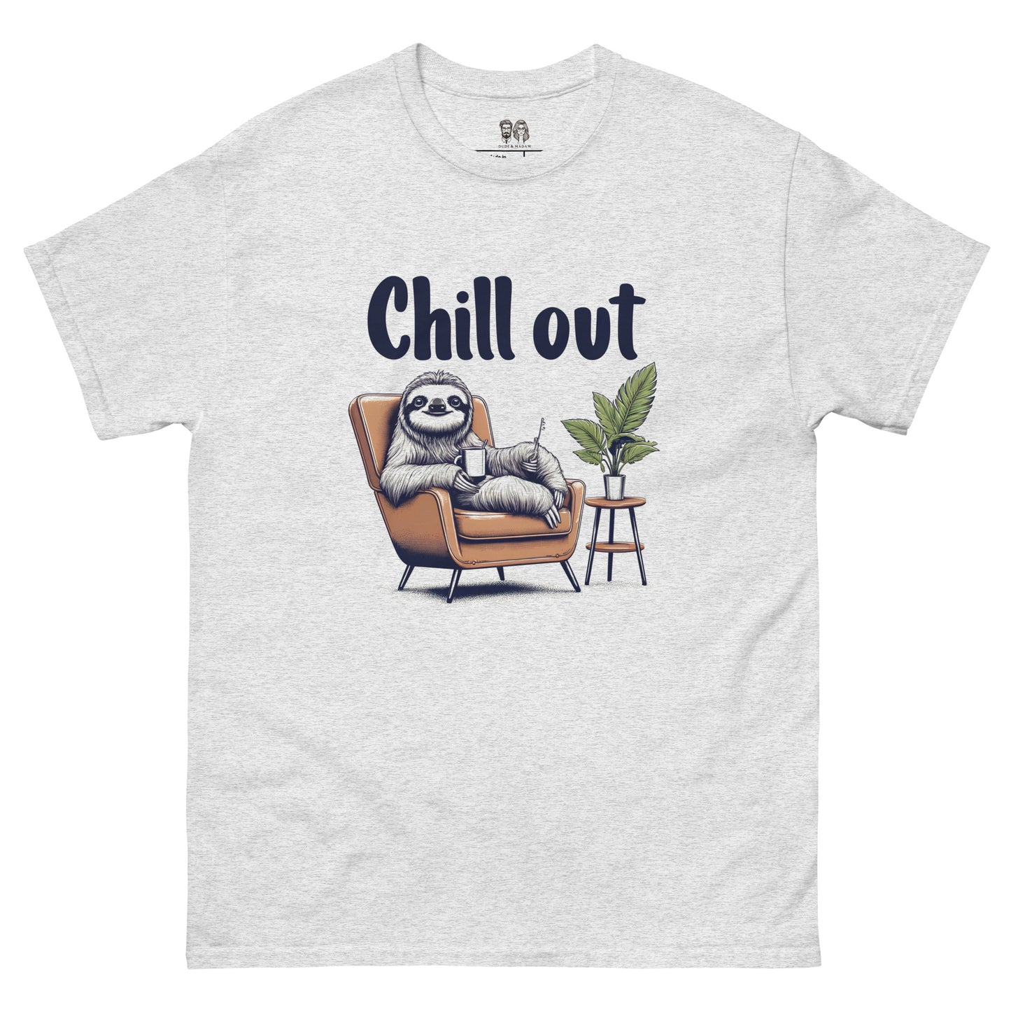 gray Cotton t-shirt featuring a sloth lounging in a chair with the text 'Chill Out', perfect for those who love relaxed and fun apparel.