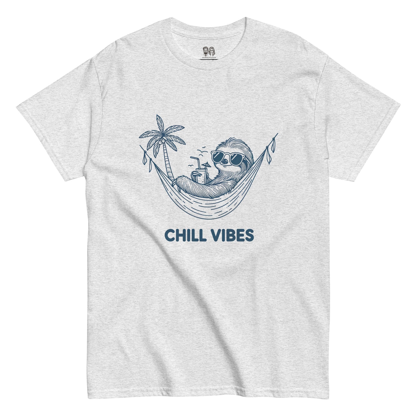 light gray Cotton t-shirt with a design of a sloth lounging in a hammock under a palm tree with the text 'Chill Vibes', ideal for a relaxed and fun look.