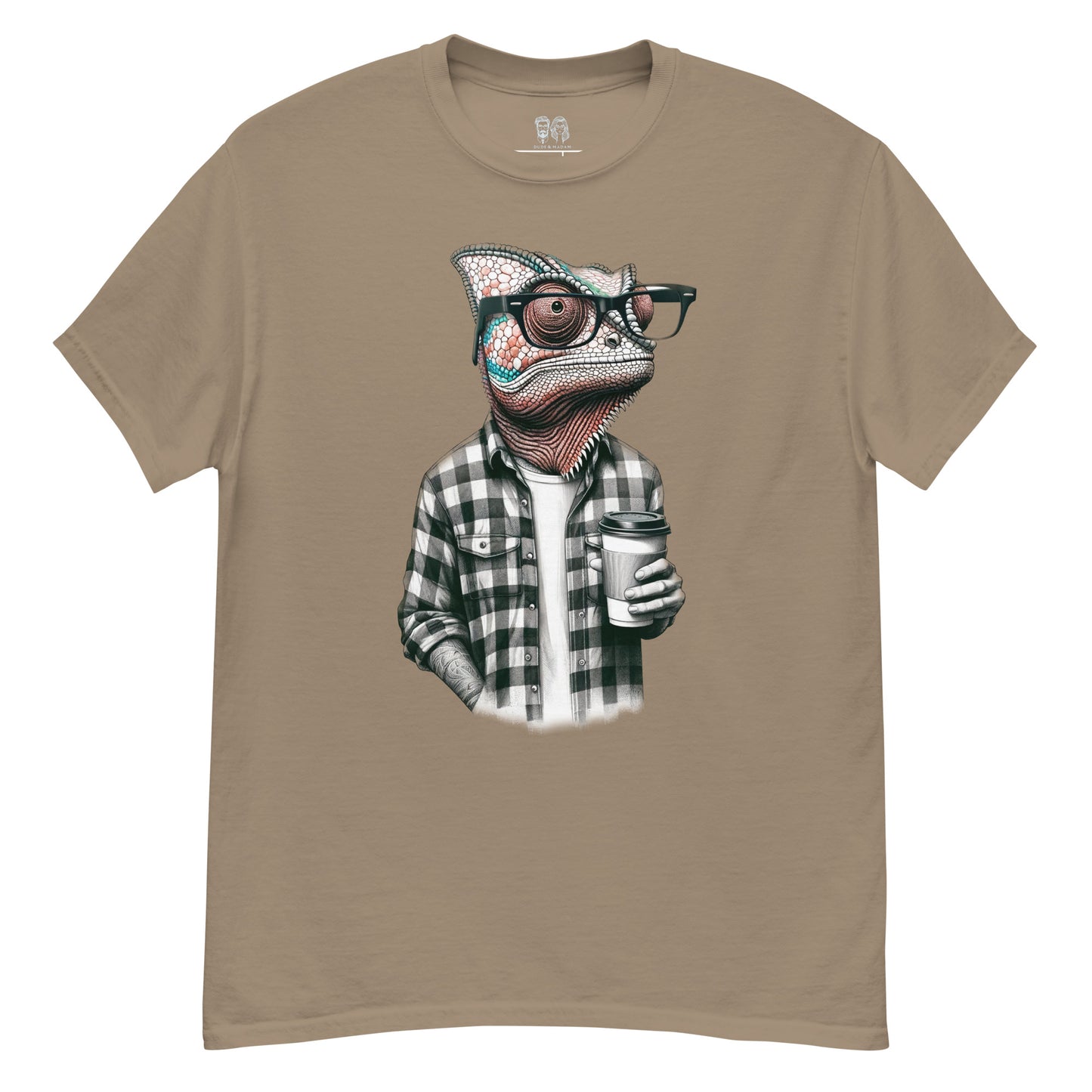 brown color t-shirt with a print of an urban chameleon wearing plaid buttoned down shirt