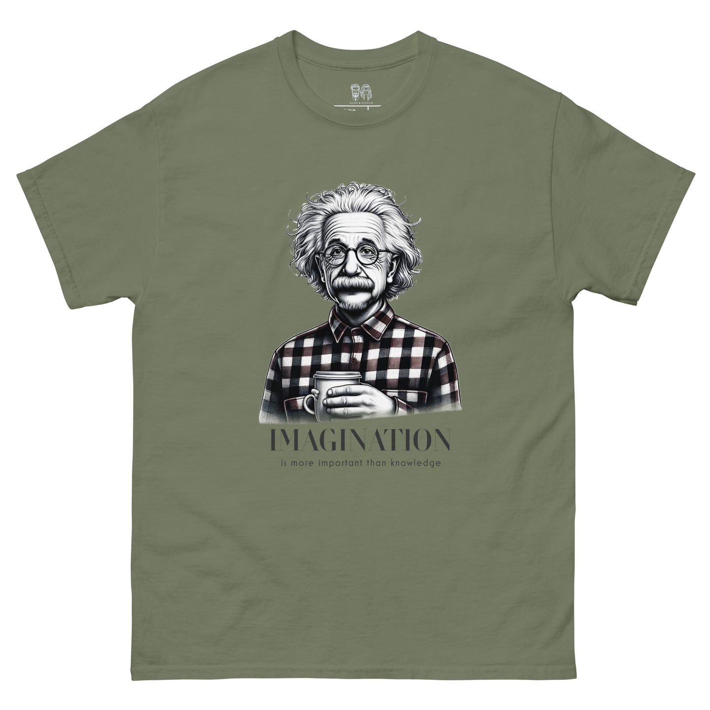 Military Green T-shirt showcasing a hipster-style Albert Einstein holding a coffee cup, wearing a gingham shirt and glasses, from the historic figures collection.