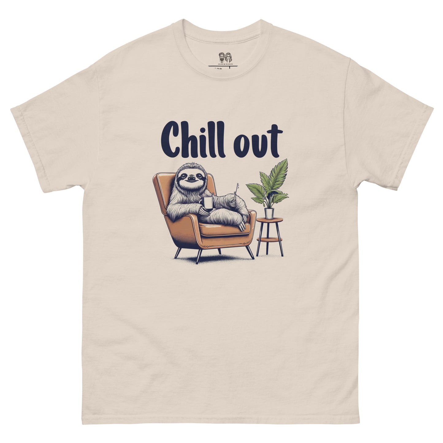 natural color Cotton t-shirt featuring a sloth lounging in a chair with the text 'Chill Out', perfect for those who love relaxed and fun apparel.