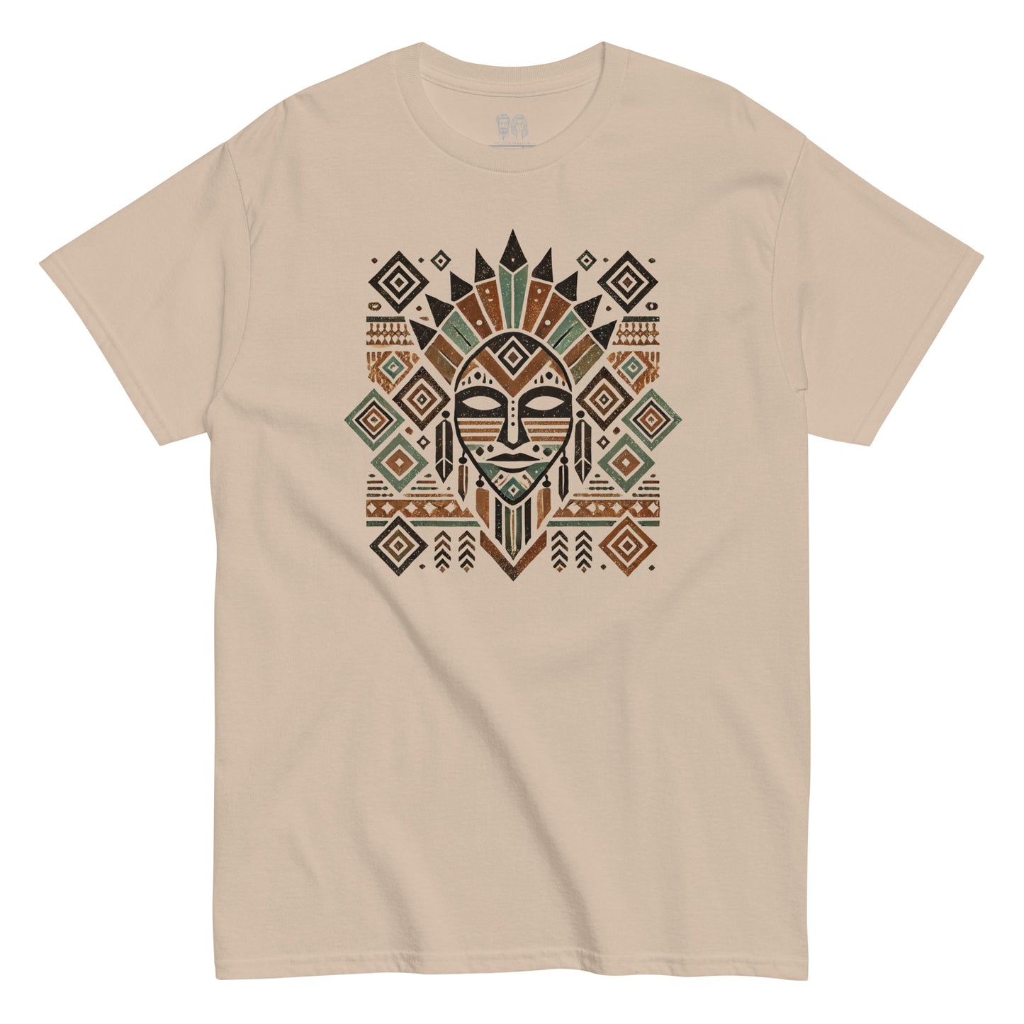 Natural crew neck tee with tribal mask print and geometric patterns