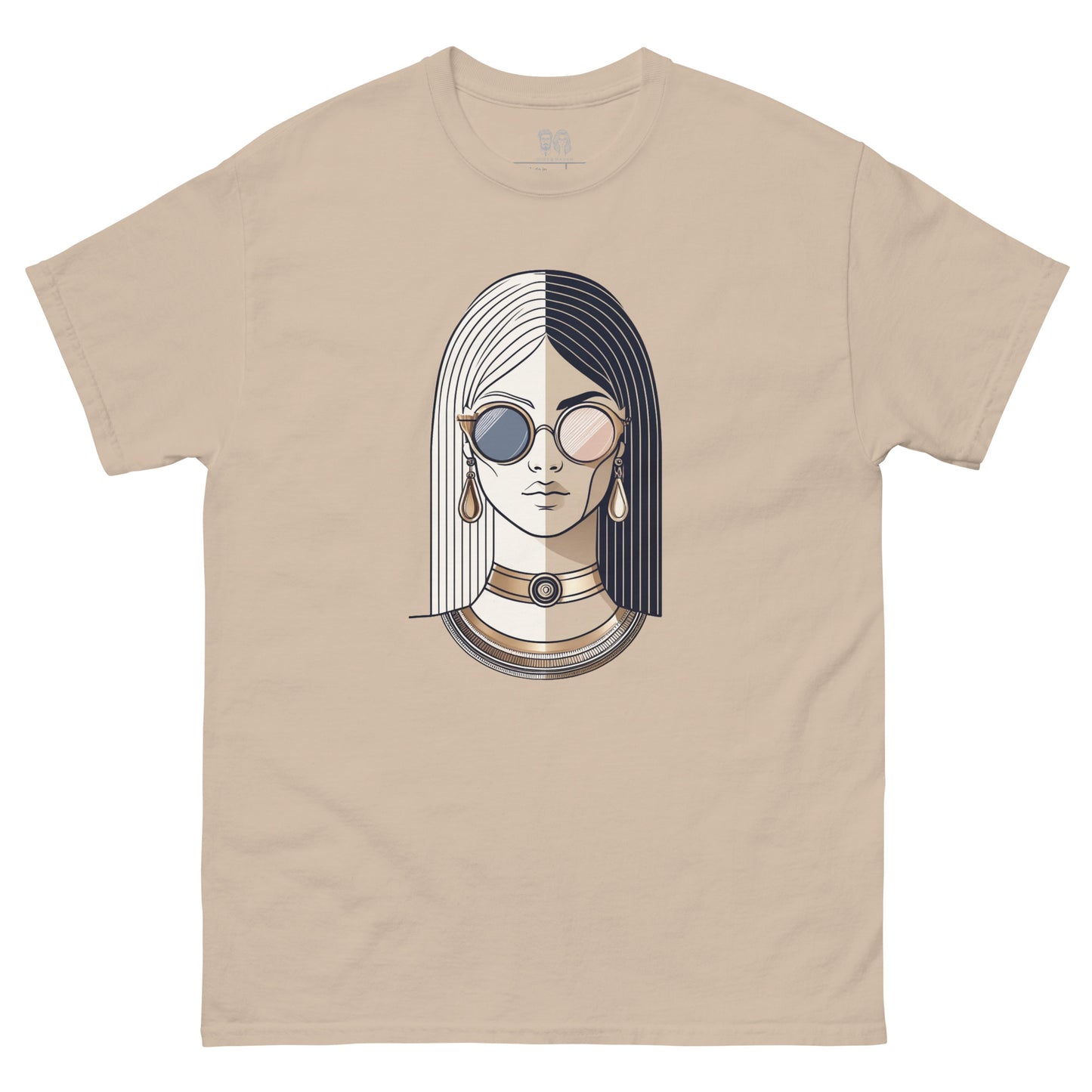Beige tee with crew neckline and a boho print of modern Nefertiti wearing egyptian style drop earrings and jewelry