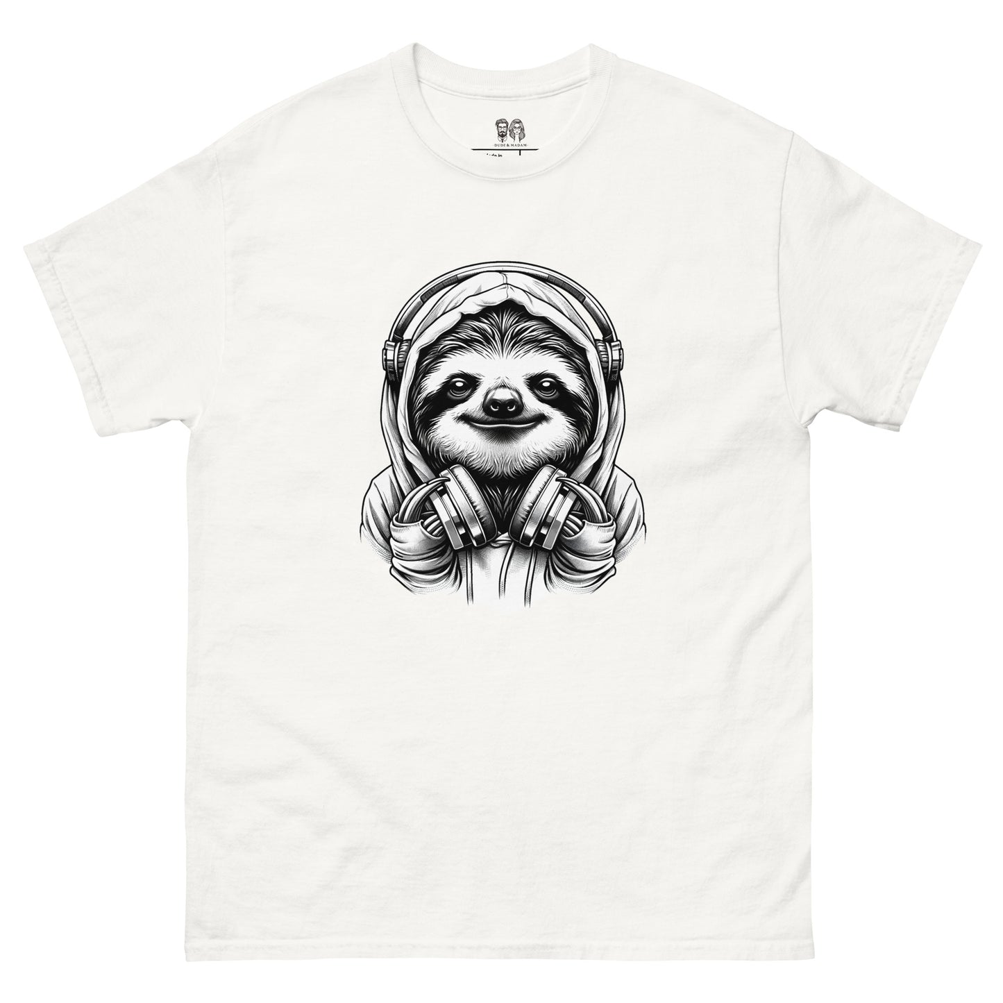 white Cotton t-shirt featuring a sloth wearing a hoodie and headphones, ideal for those who appreciate fun and musical designs