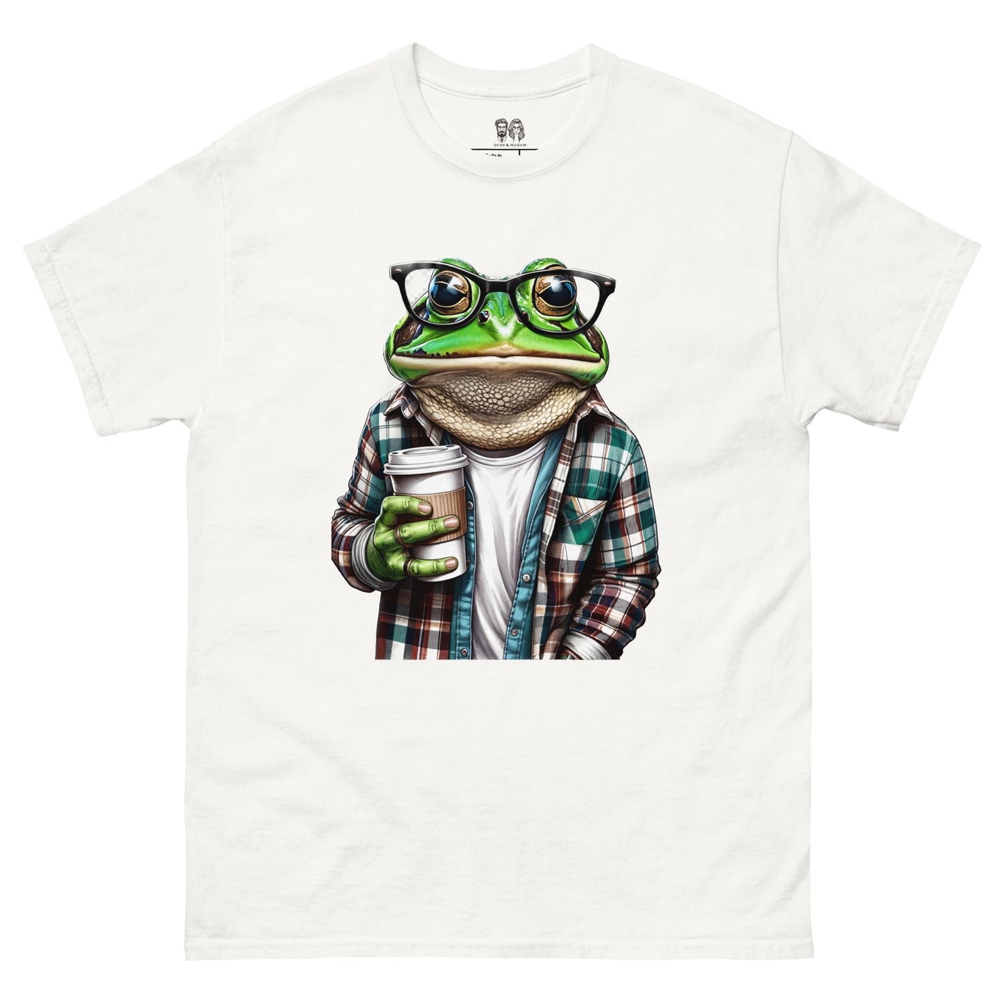 White tee with short sleeves and a crew neck of a cool green frog print