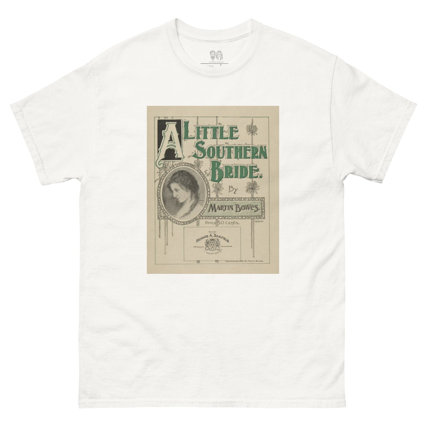 White t-shirt featuring an authentic print of the album a little southern bride by Martin Bows