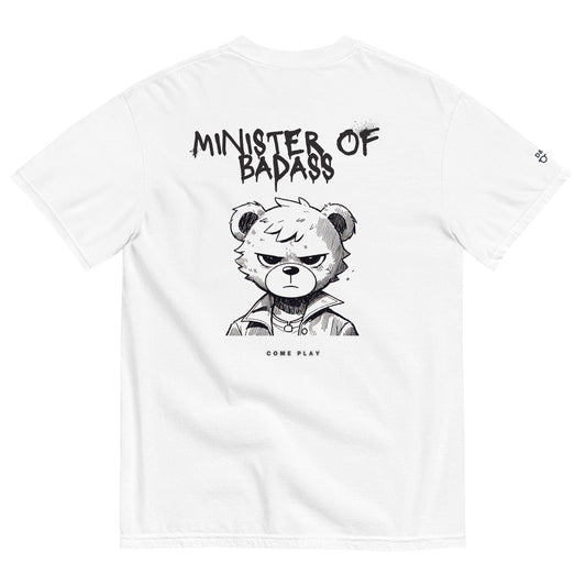 White colour‑washed tee with ‘Minister of Badass’ chest print.