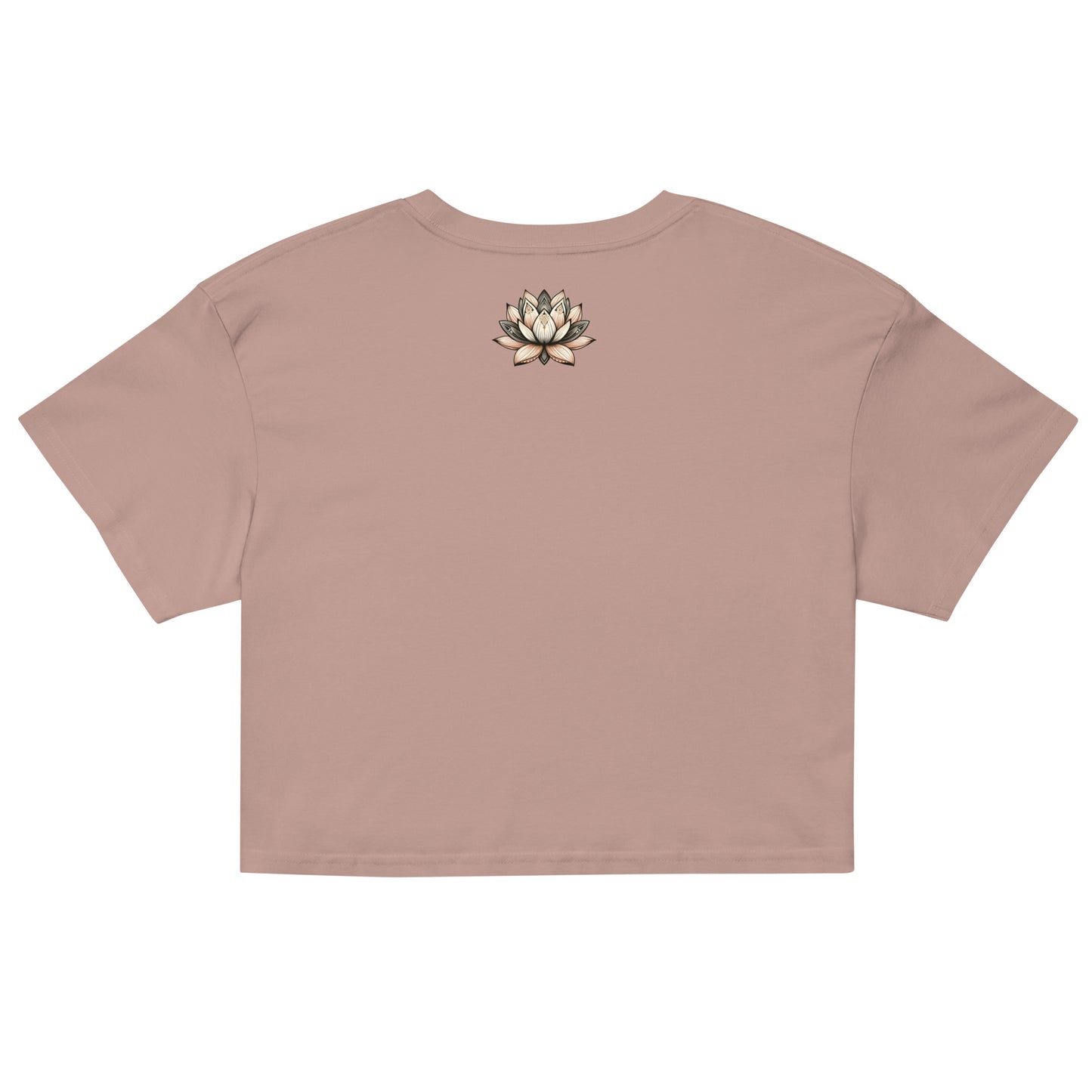 Back of hazy pink crop top with short sleeves made from high quality cotton and a print of a lotus flower