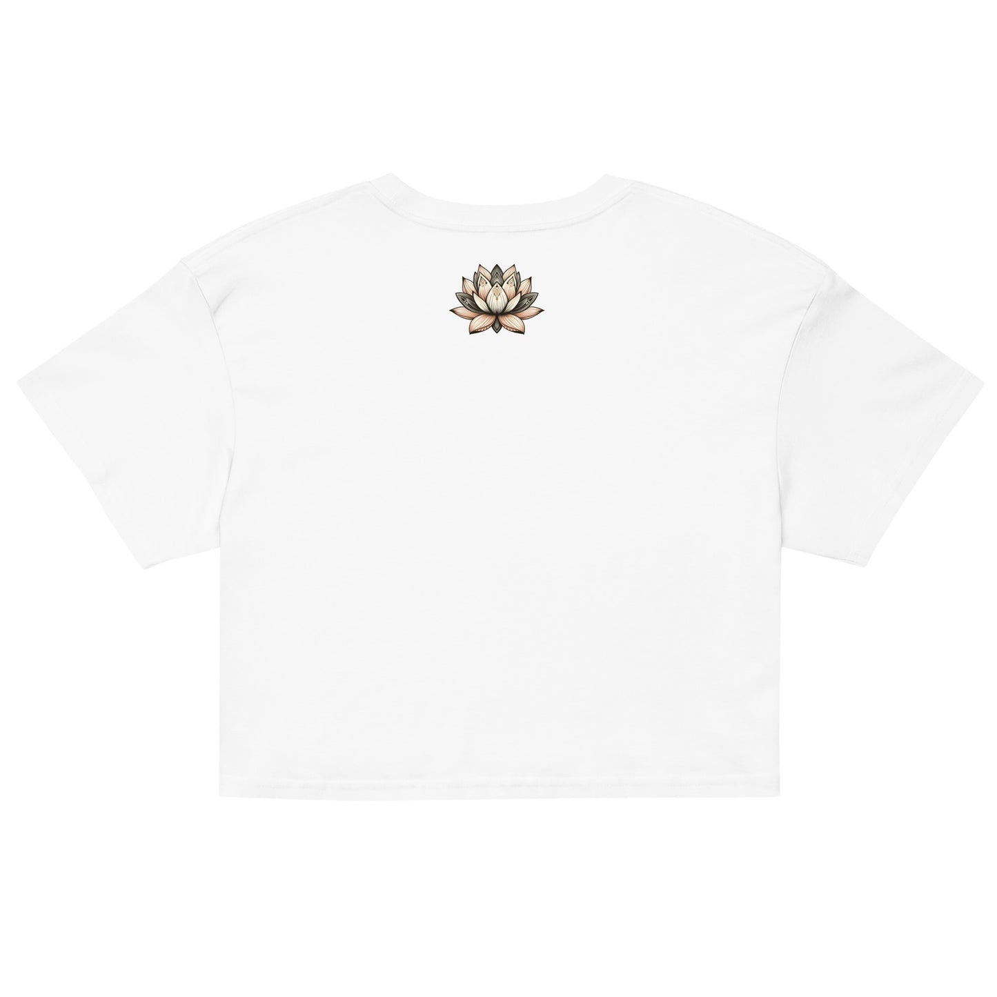 White crop top view from back with high quality print of a lotus flower