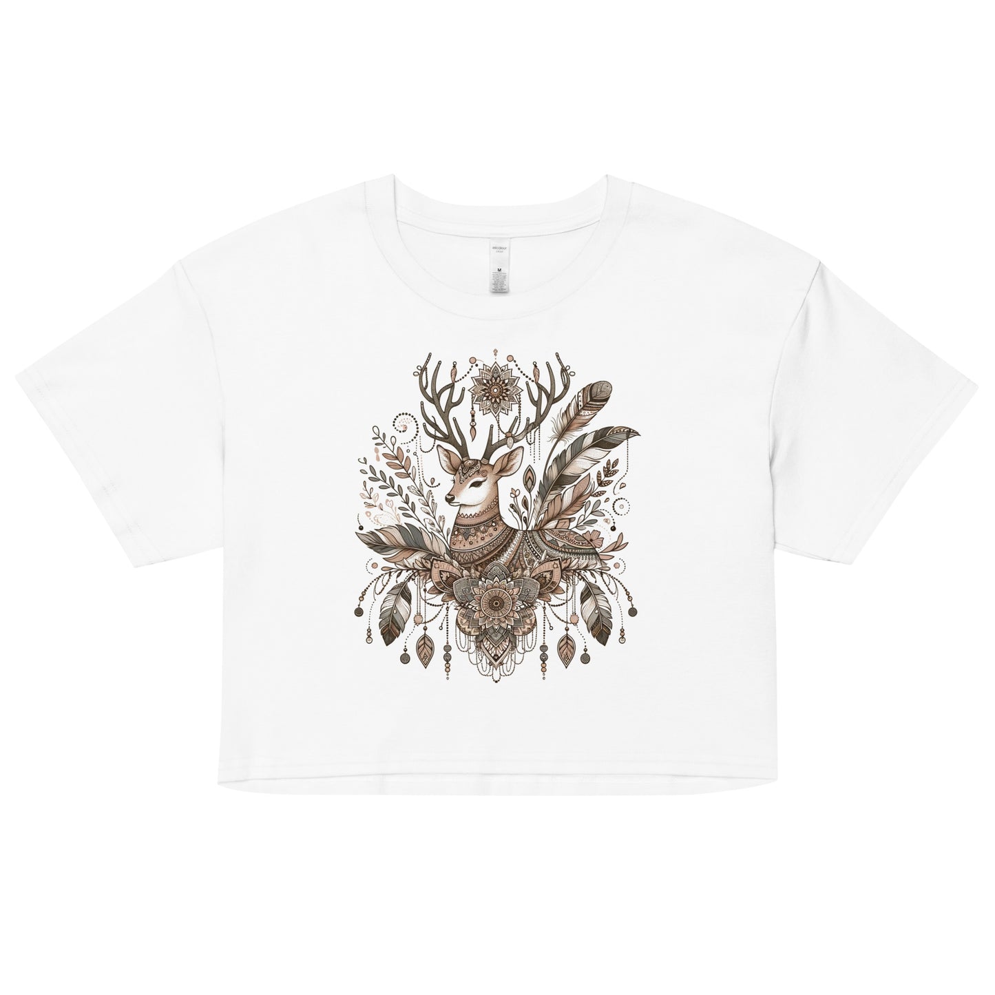 White crop top with detailed deer print surrounded by feathers and floral patterns