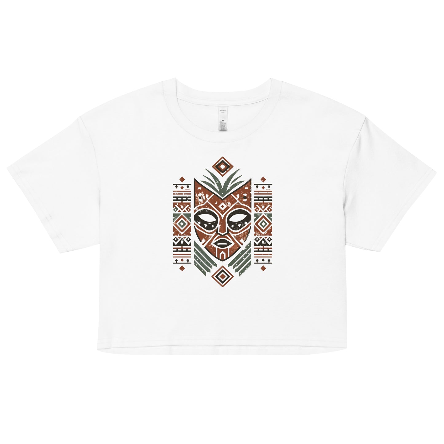 White boho crop top with a tribal mask