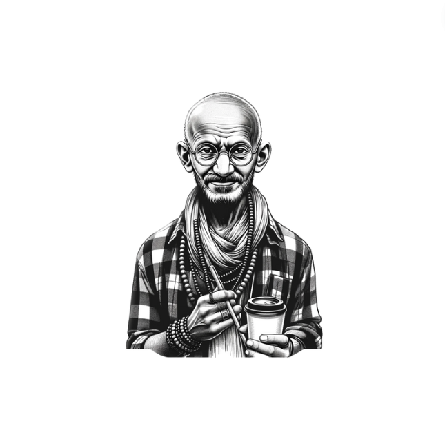 Modern Ghosts T-Shirt Collection: Features hipster-style illustrations of iconic figures like Gandhi and Einstein, holding coffee, wearing gingham shirts, scarves, glasses, beards, and including their famous quotes.