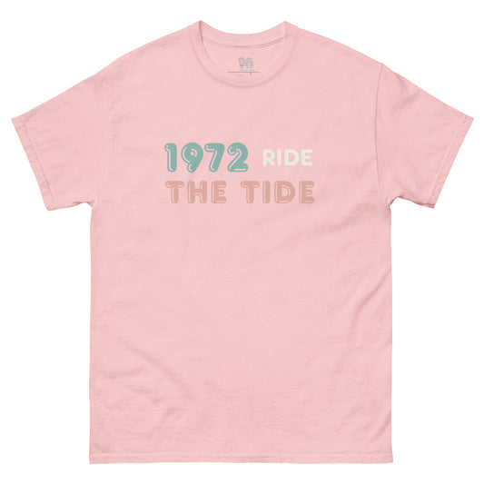 Front view of 1972 Ride the Tide surf tee in pink with retro print