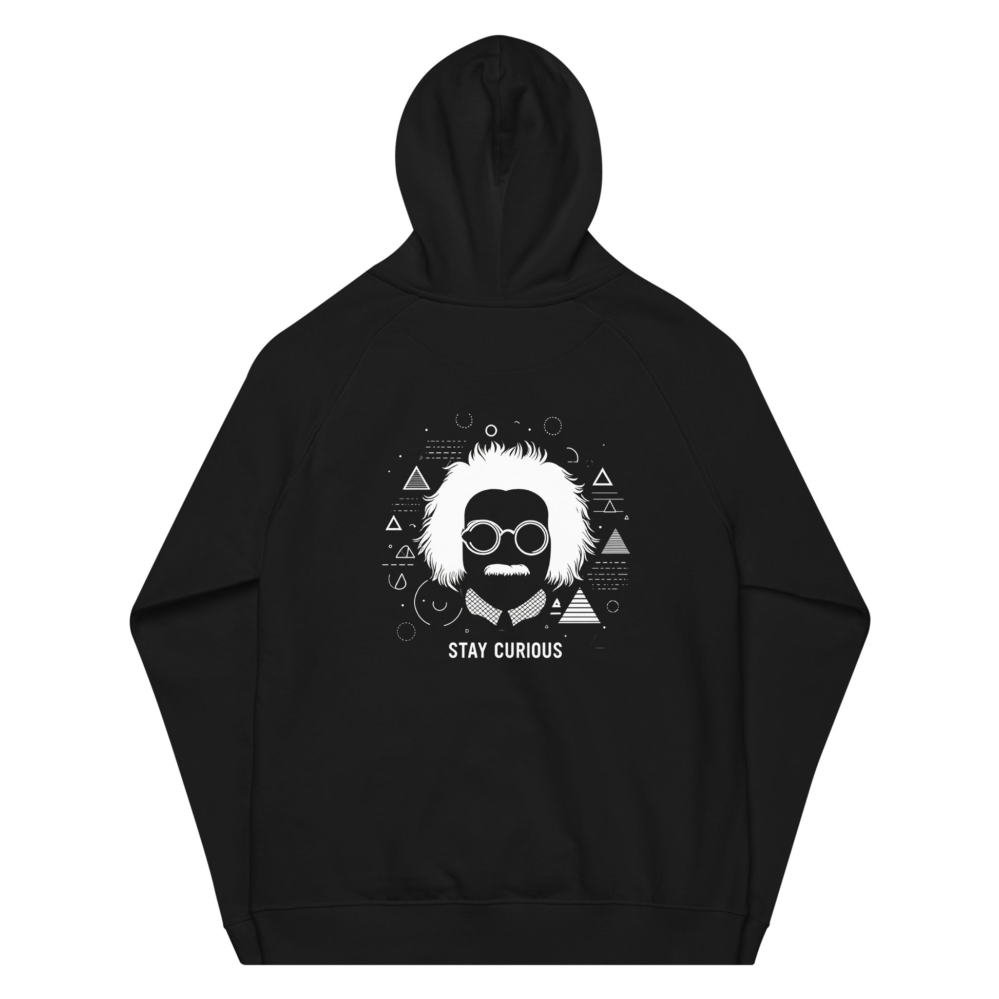 Back Black organic cotton hoodie featuring an abstract print of Albert Einstein and geometric shapes and text saying "stay curious" 