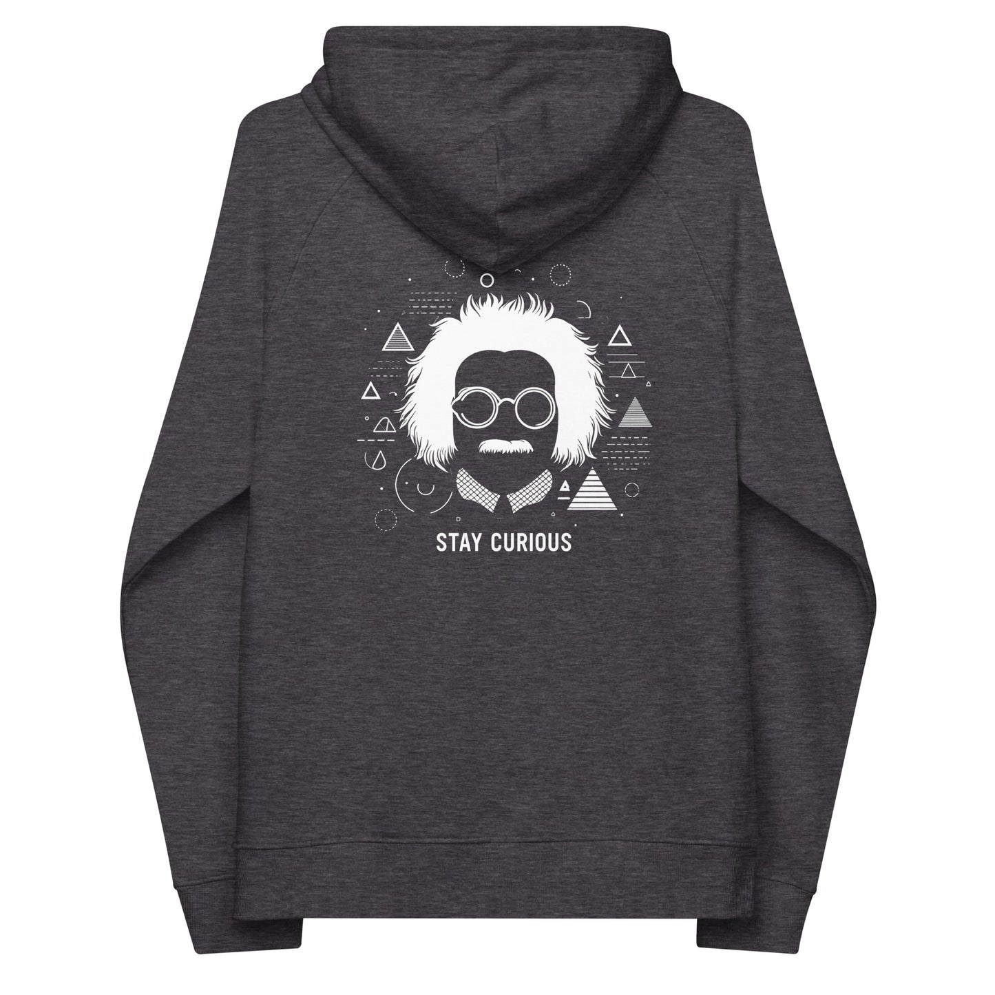 Back Dark Grey organic cotton hoodie featuring an abstract print of Albert Einstein and geometric shapes and text saying "stay curious" 