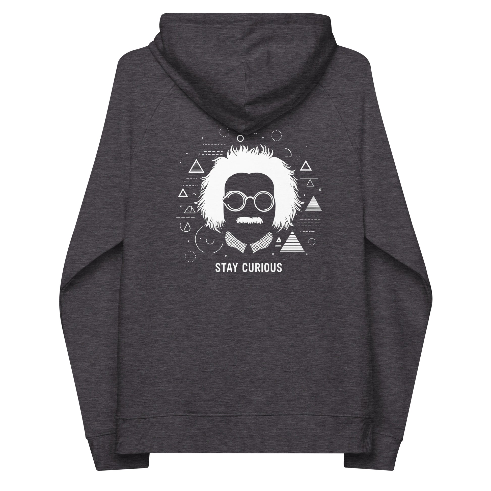 Back Dark Grey organic cotton hoodie featuring an abstract print of Albert Einstein and geometric shapes and text saying "stay curious" 