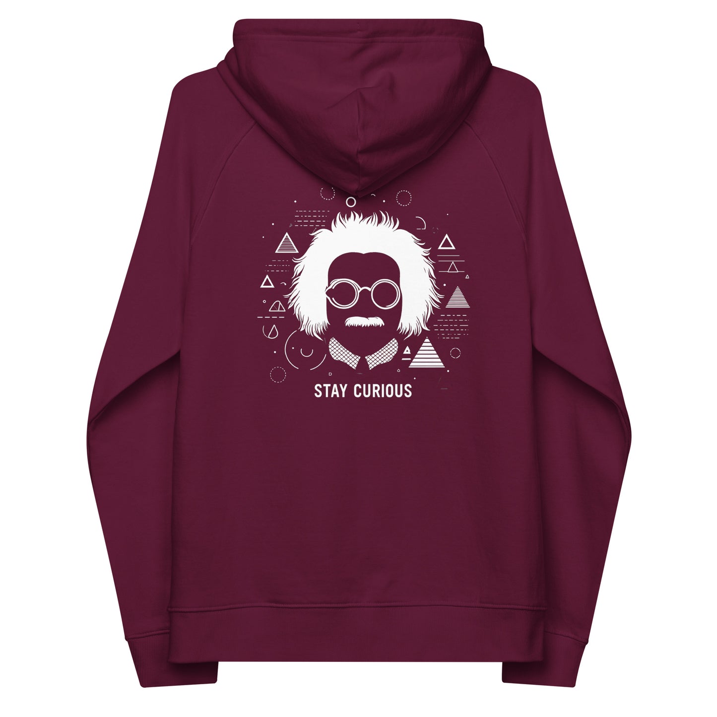 Back Maroon red organic cotton hoodie featuring an abstract print of Albert Einstein and geometric shapes and text saying "stay curious" 2