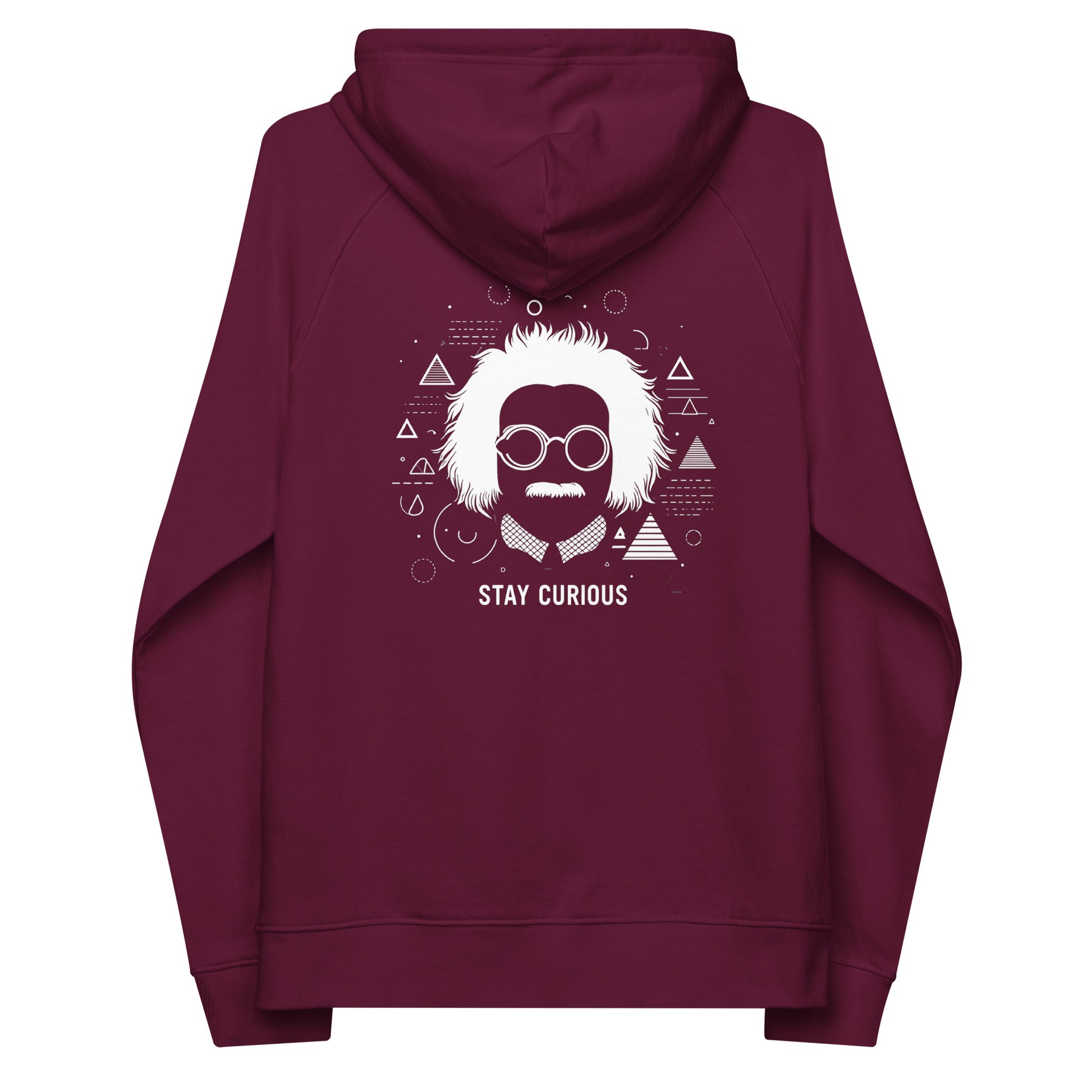 Back Maroon red organic cotton hoodie featuring an abstract print of Albert Einstein and geometric shapes and text saying "stay curious" 2