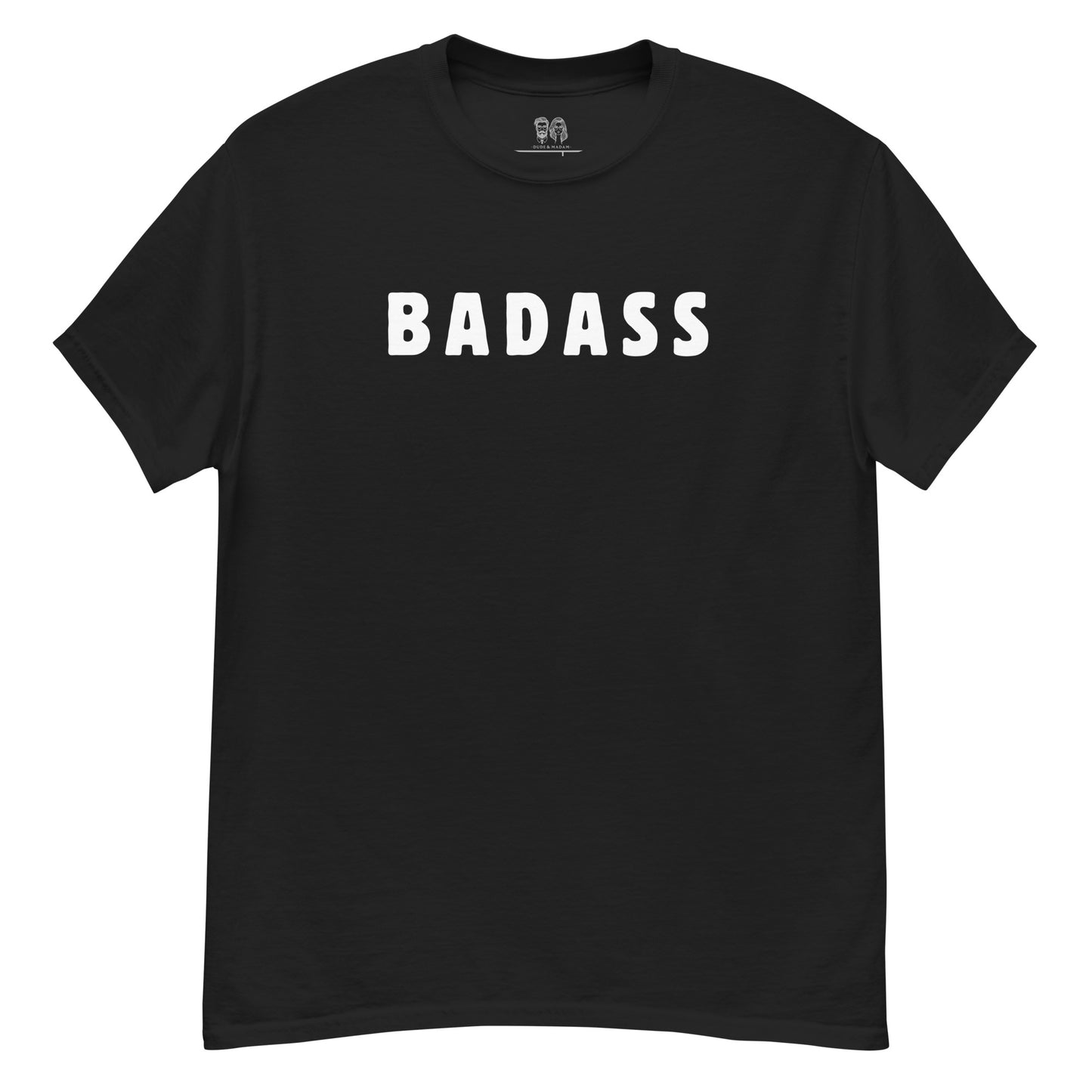 Black cotton t shirt with crew neck and short sleeves with text print saying "badass"