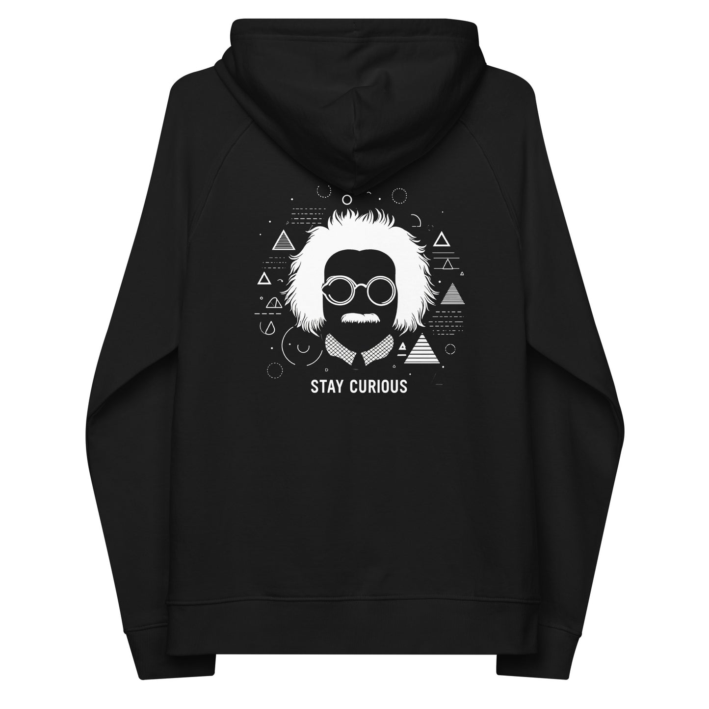 Black organic cotton hoodie featuring an abstract print of Albert Einstein and geometric shapes and text saying "stay curious" 