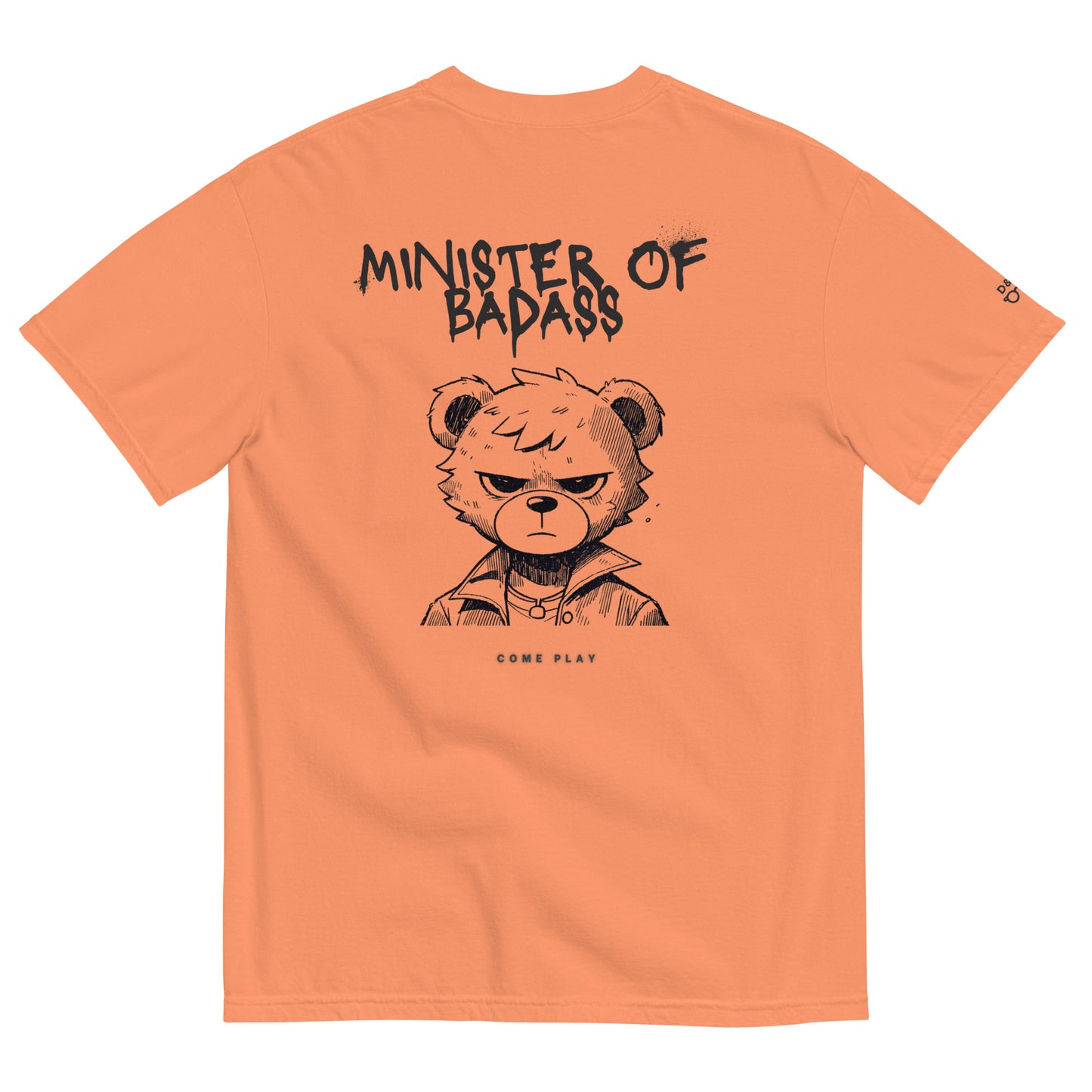 Bright orange t-shirt featuring a small 'Minister of Badass' text design on the chest, perfect for adding a bold pop of color to your casual wearProduct mockup