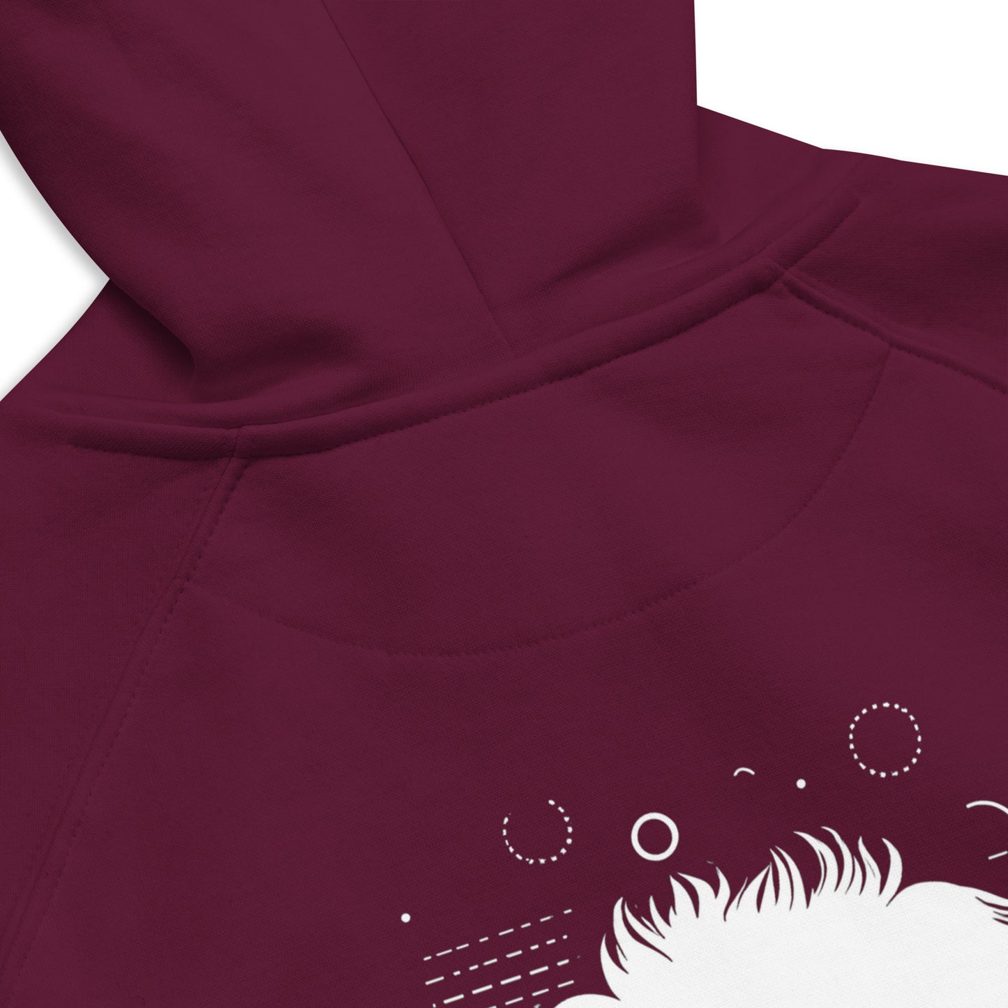 Close up of a red long sleeve hoodie with embroidery of dude and madam logo and cuff details 
