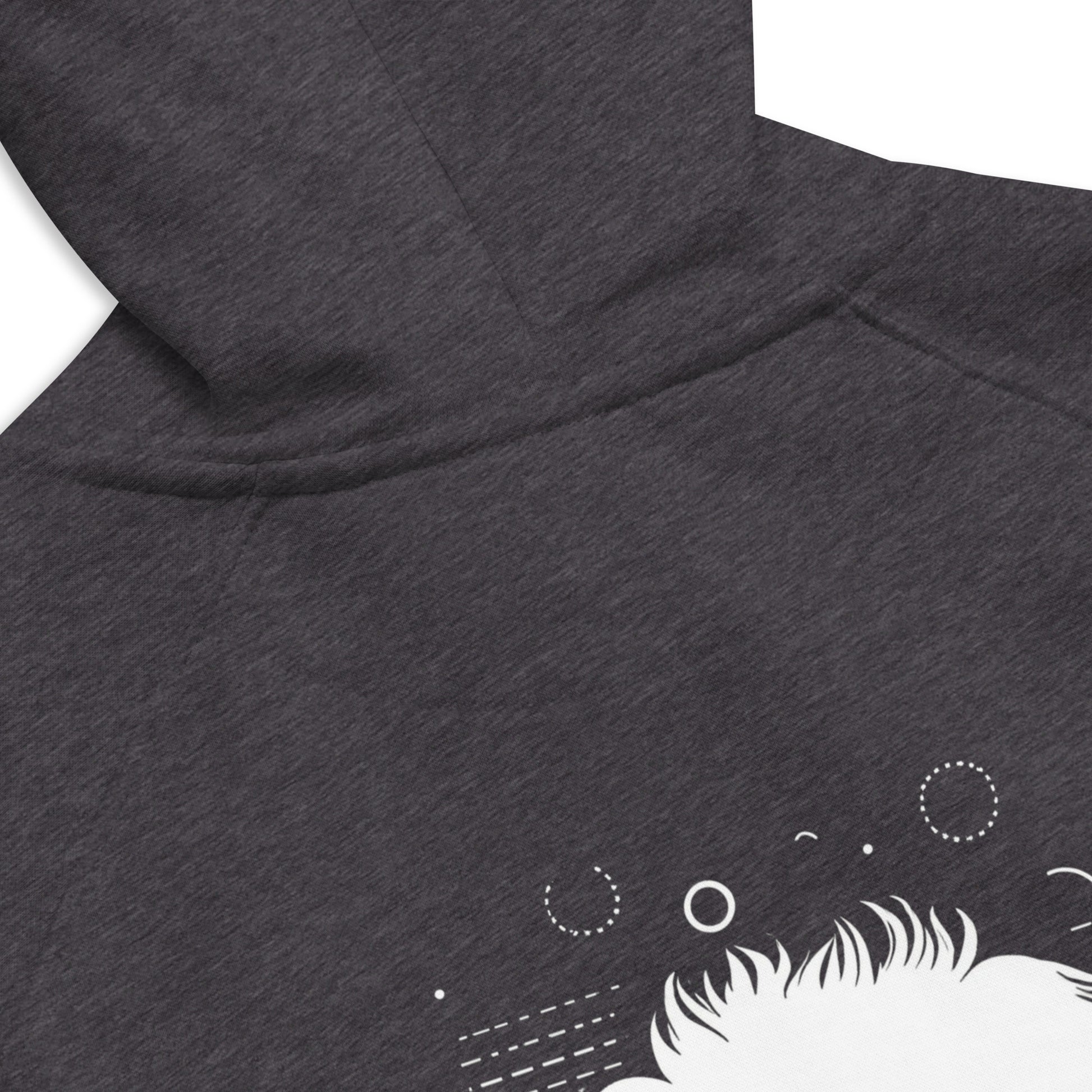 Close up of the back of heather grey organic cotton hoodie
