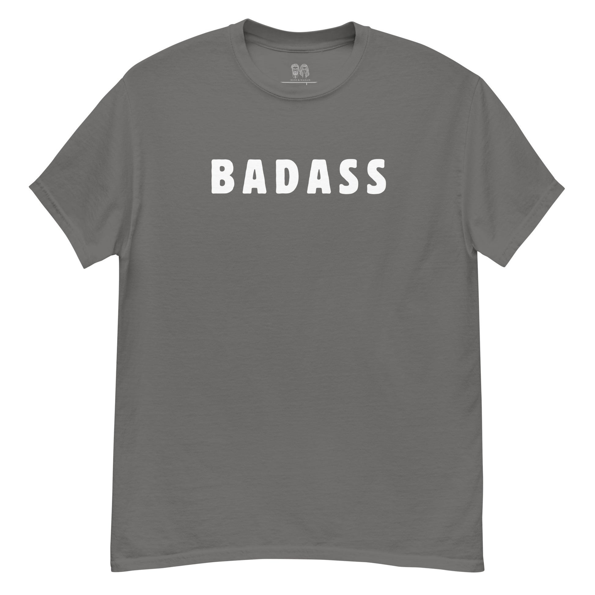 Dark grey cotton t shirt with crew neck and short sleeves with text print saying "badass"