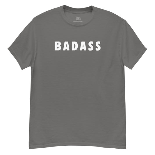 Dark grey cotton t shirt with crew neck and short sleeves with text print saying "badass"