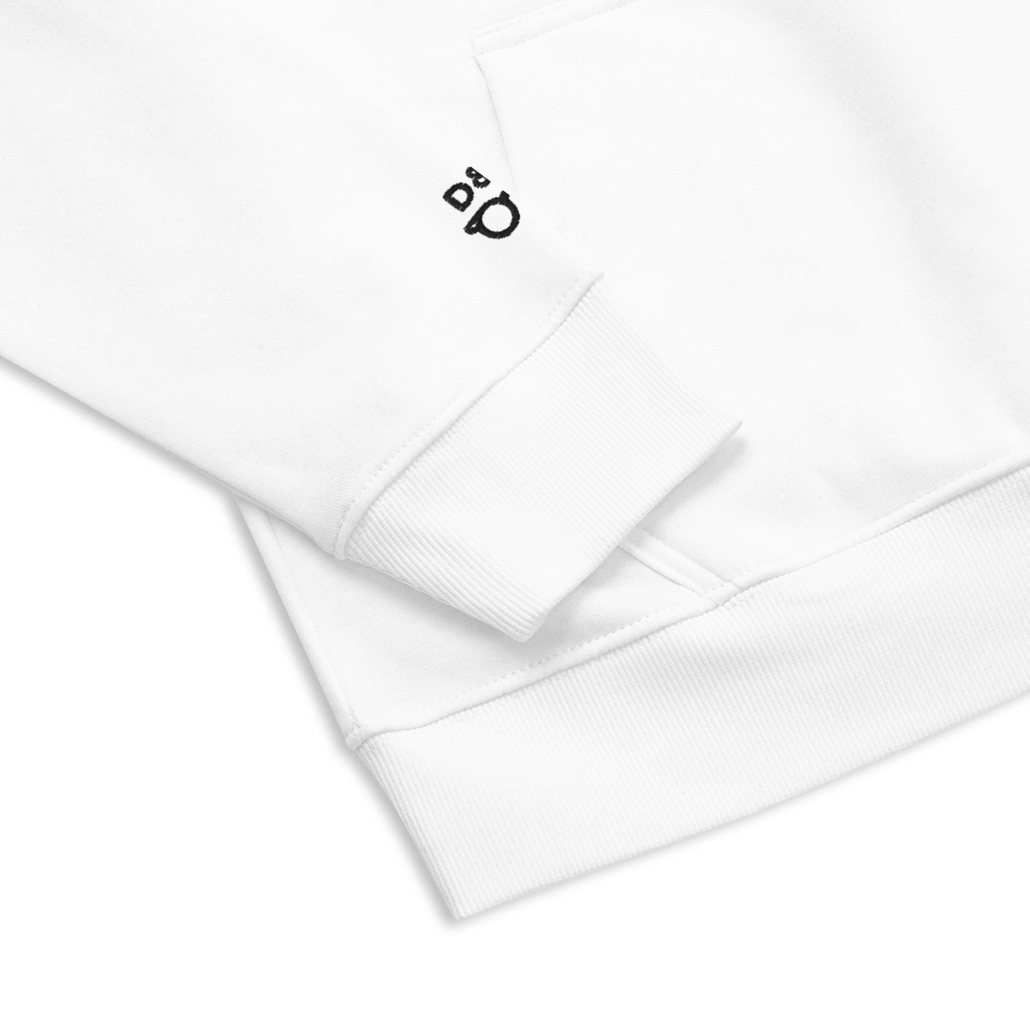 Dude and Madam logo embroidery on the right sleeve of a white pullover