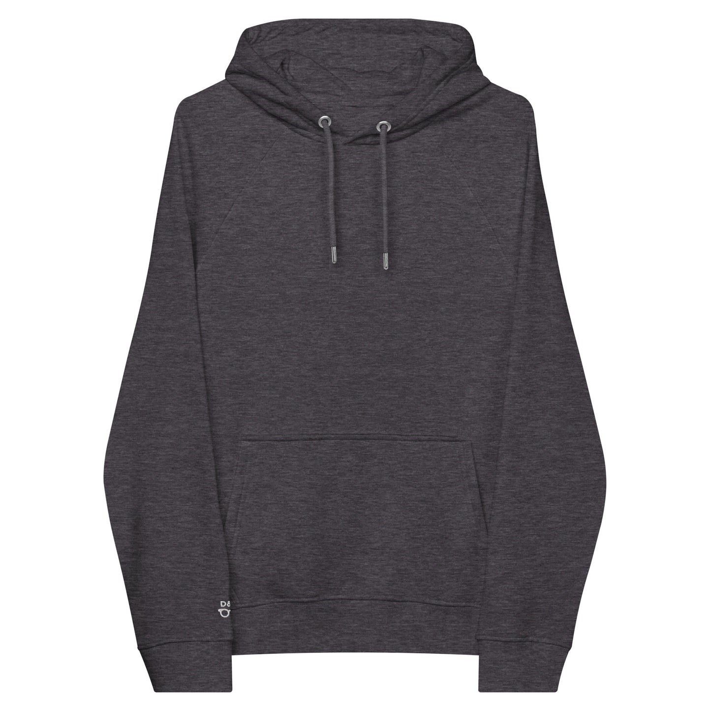 Front of a Dark grey organic cotton raglan hoodie with a front pocket and drawstrings