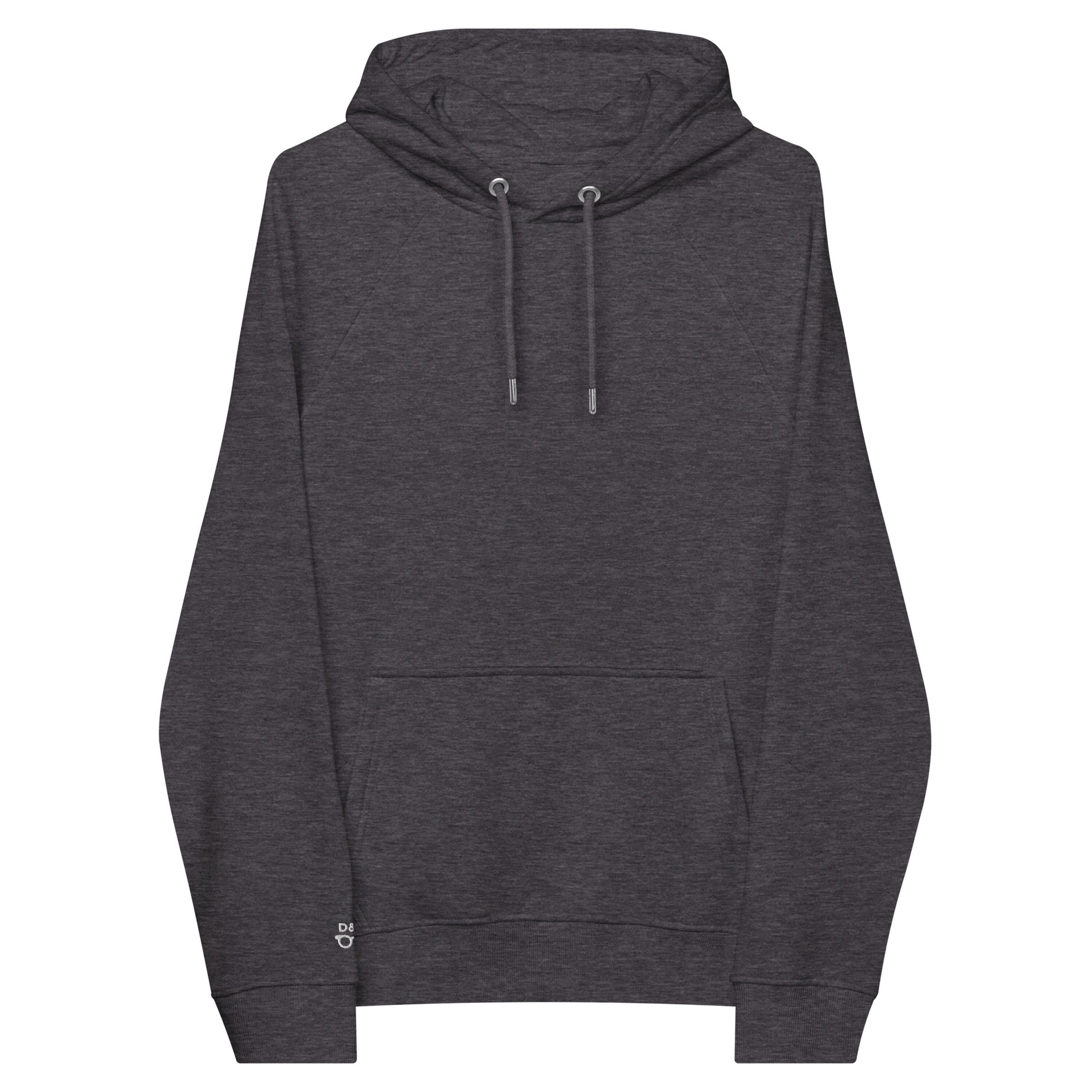 Front of a Dark grey organic cotton raglan hoodie with a front pocket and drawstrings