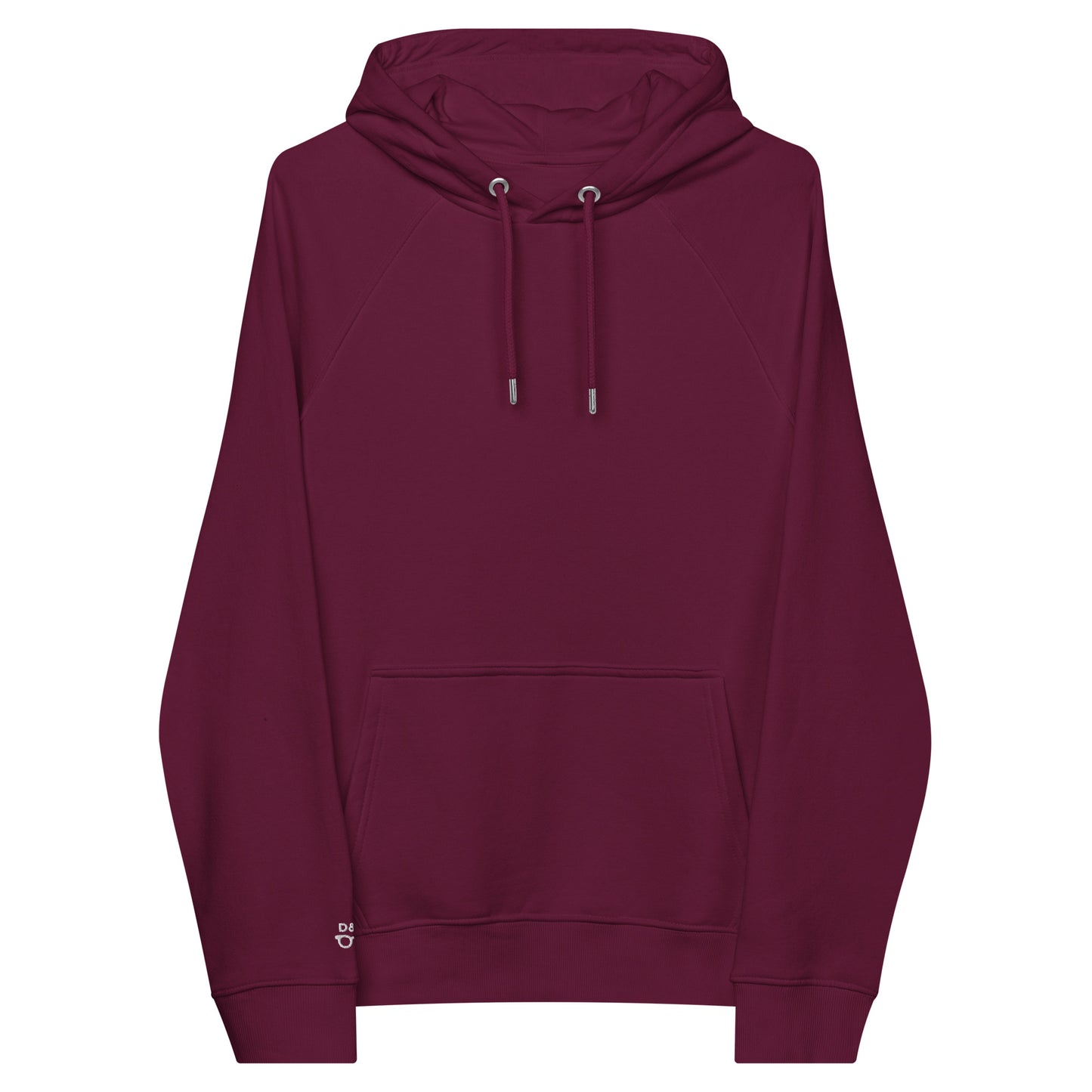 Front of a Maroon organic cotton raglan hoodie with a front pocket and drawstrings