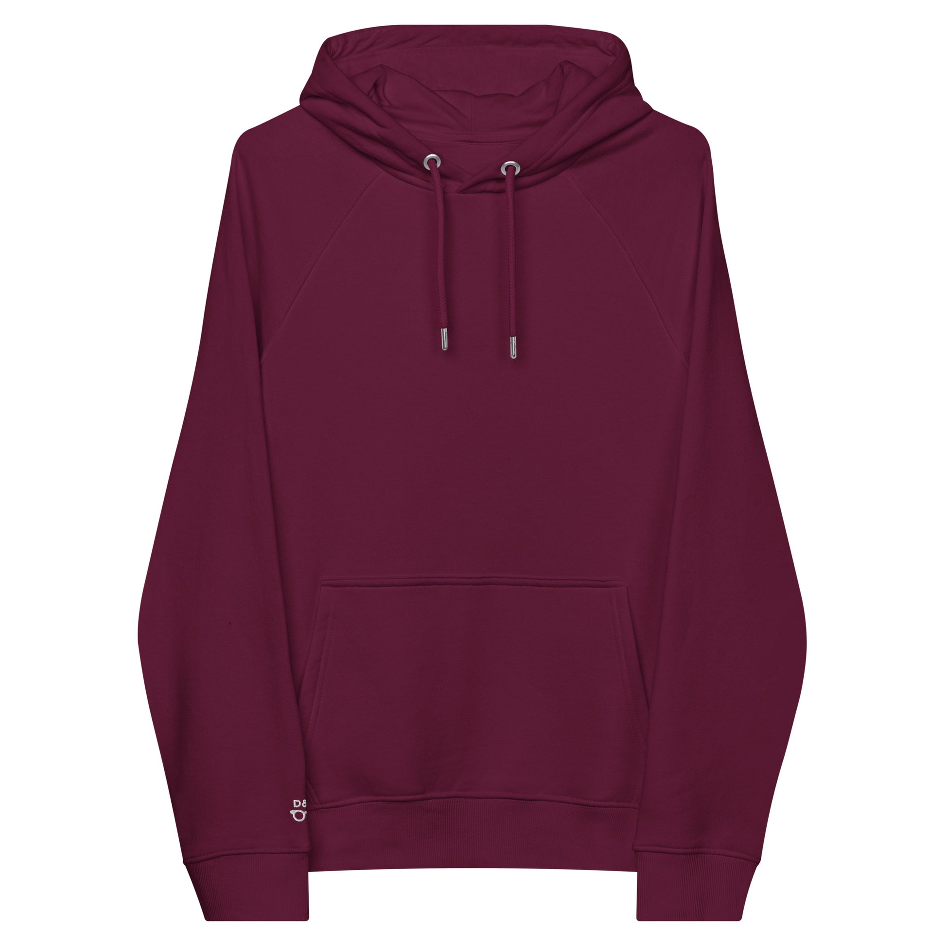 Front of a Maroon organic cotton raglan hoodie with a front pocket and drawstrings