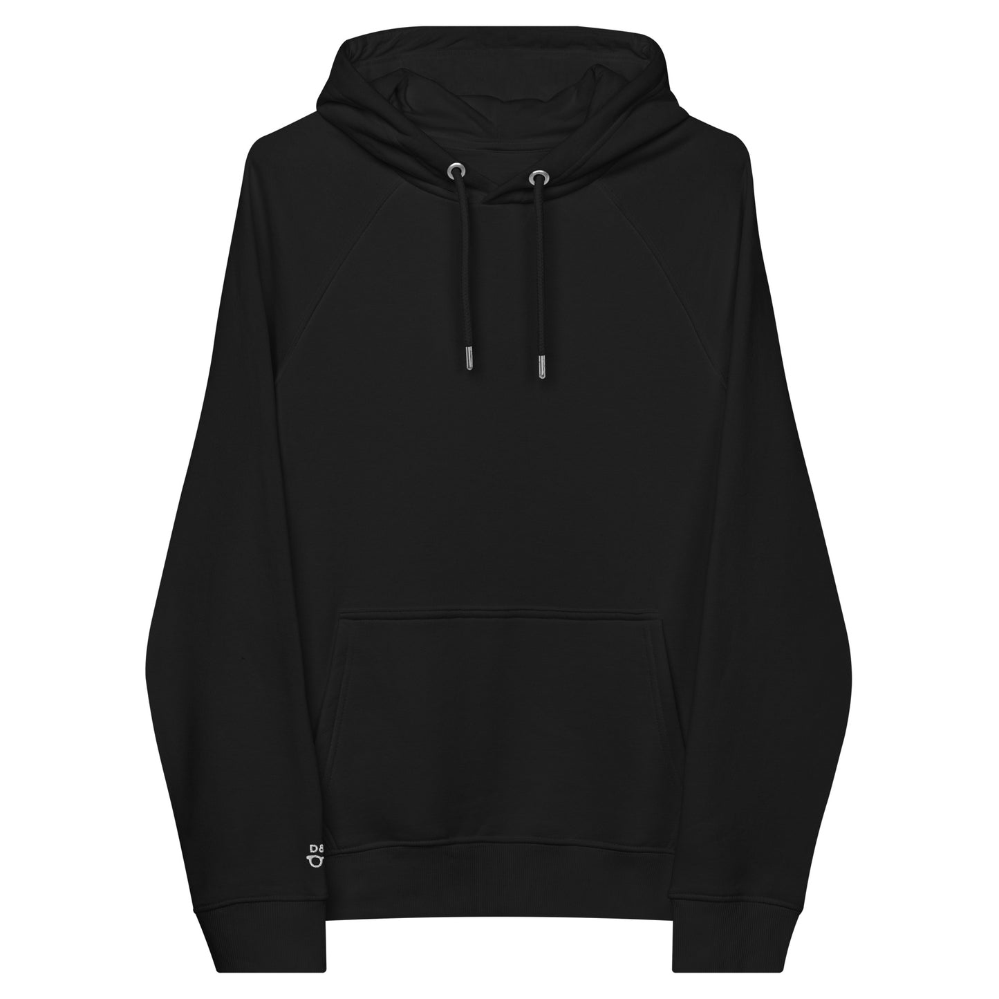 Front of a black organic cotton raglan hoodie with a front pocket and drawstrings