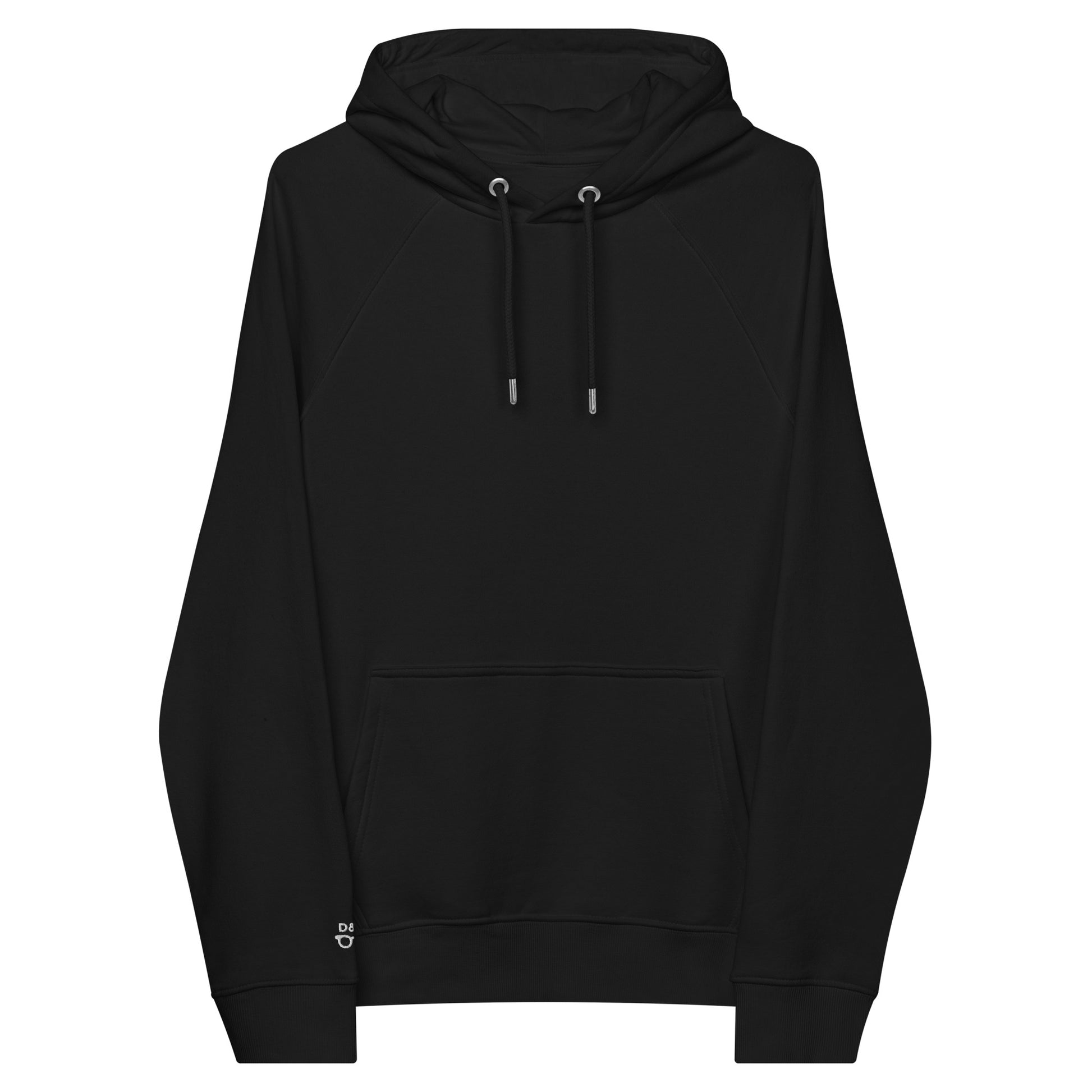 Front of a black organic cotton raglan hoodie with a front pocket and drawstrings