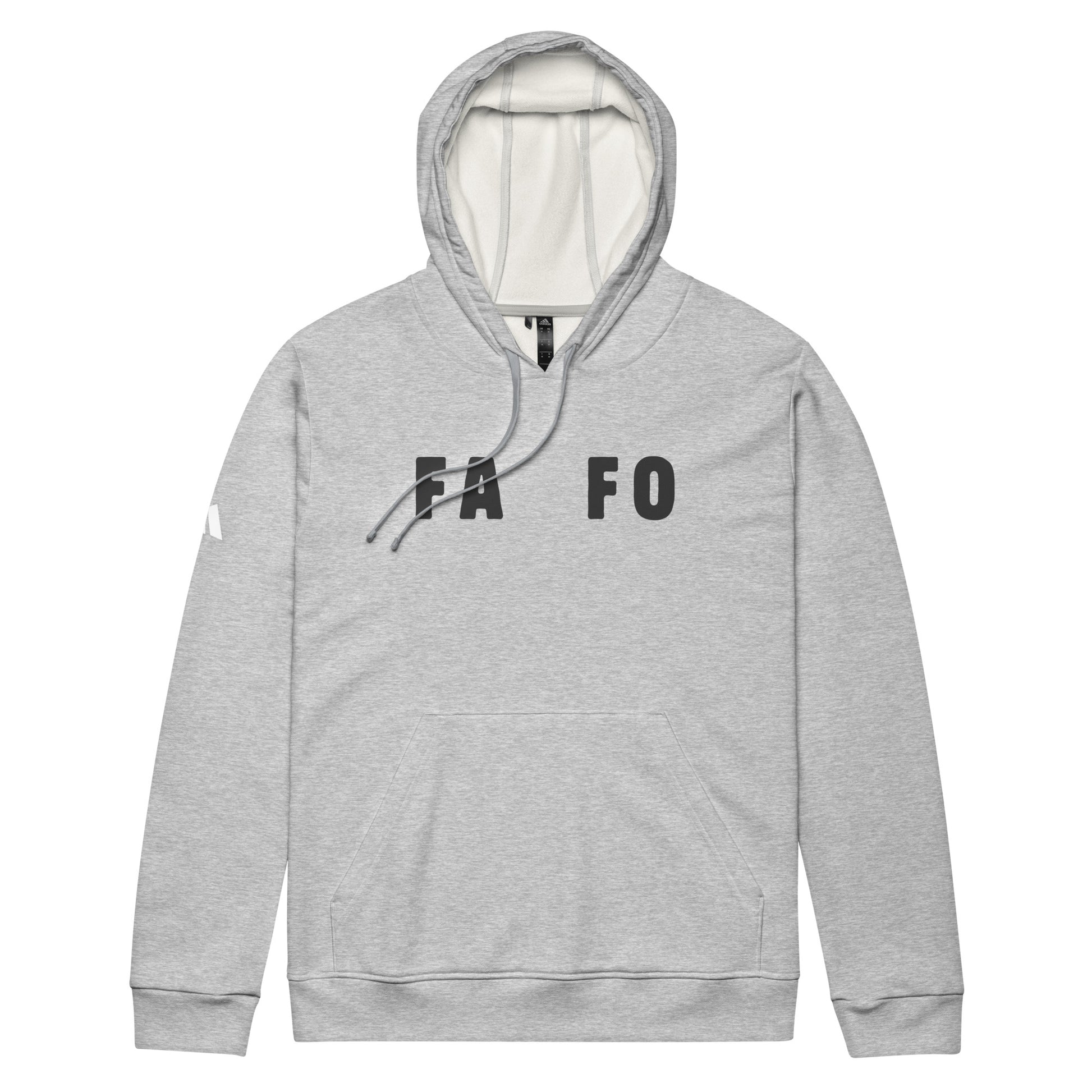 Grey heather fafo adidas hoodie featuring adidas logo on one sleeve and dude and madam logo on the other