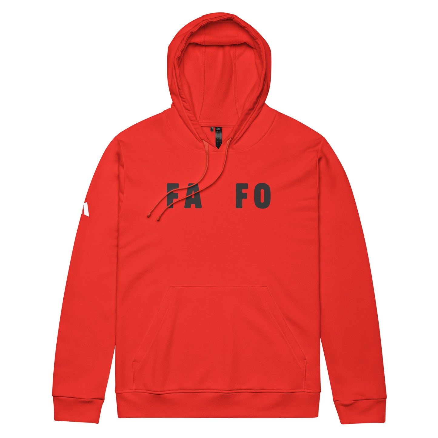 Product mockupRed fafo adidas hoodie featuring adidas logo on one sleeve and dude and madam logo on the other