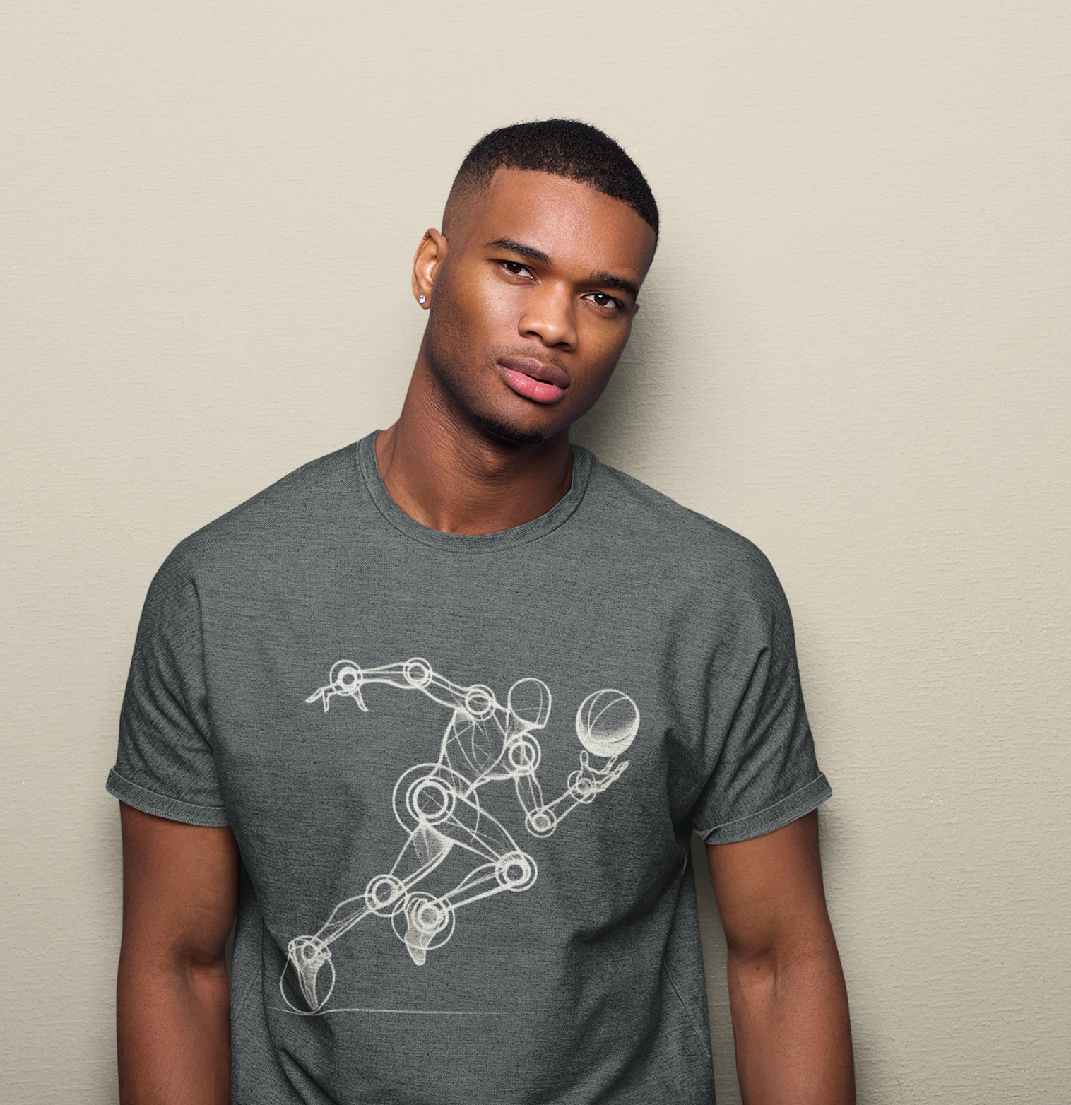 Beautiful man Dark cotton t-shirt with an artistic Wood Mannequin-style drawing of a basketball player in action, highlighting dynamic and creative design ideal for basketball enthusiasts