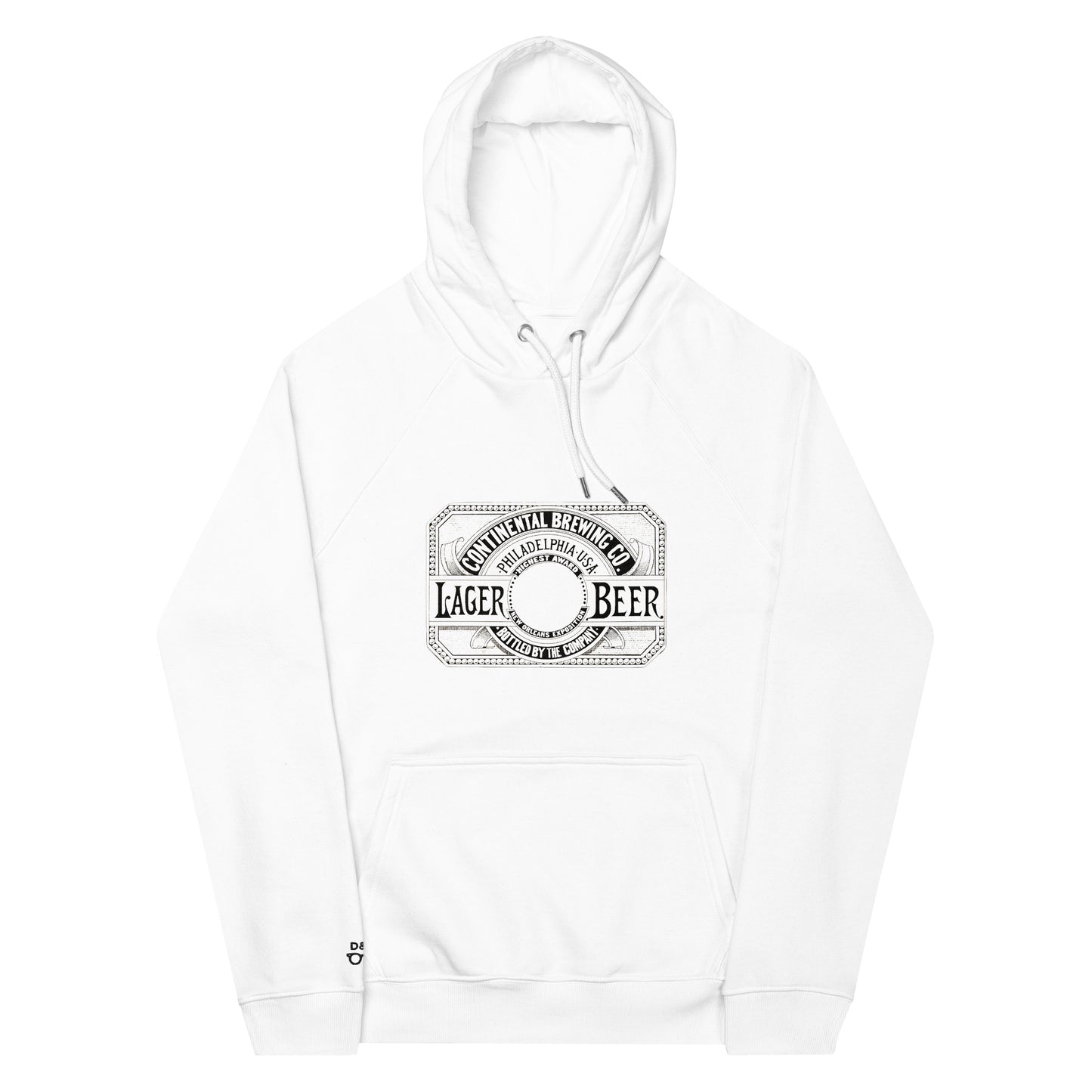 White organic cotton hoodie featuring a print of a retro print of a vintage beer manufacturer continent brewing lager beer Philadelphia USA
