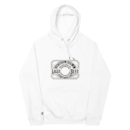 White organic cotton hoodie featuring a print of a retro print of a vintage beer manufacturer continent brewing lager beer Philadelphia USA